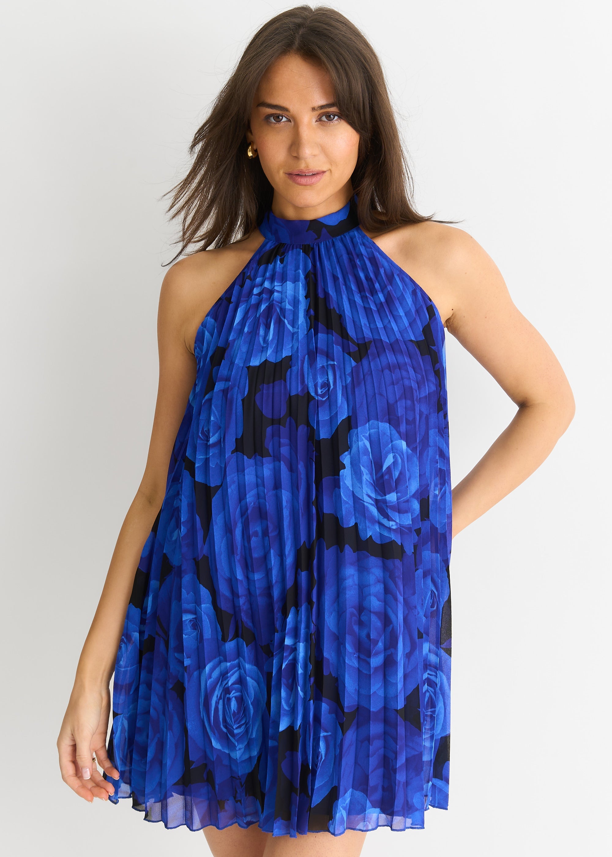 Gini London Large Floral Halter Pleated Mini Dress