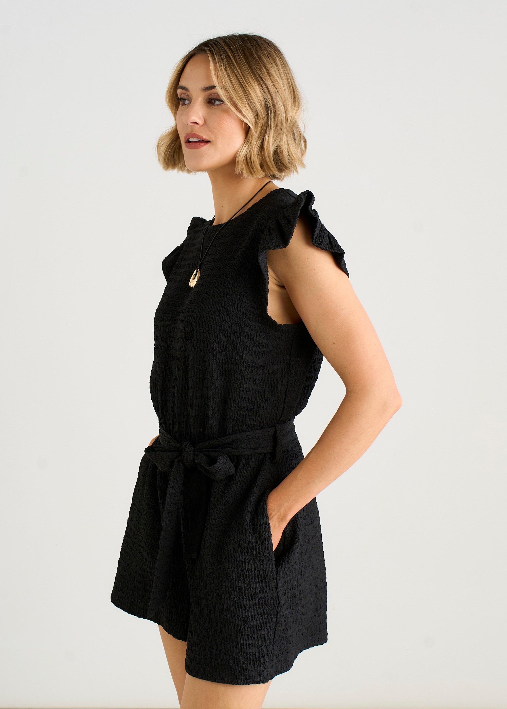 Gini London Black Stretch Texture Frill Elasticated Waist Playsuit