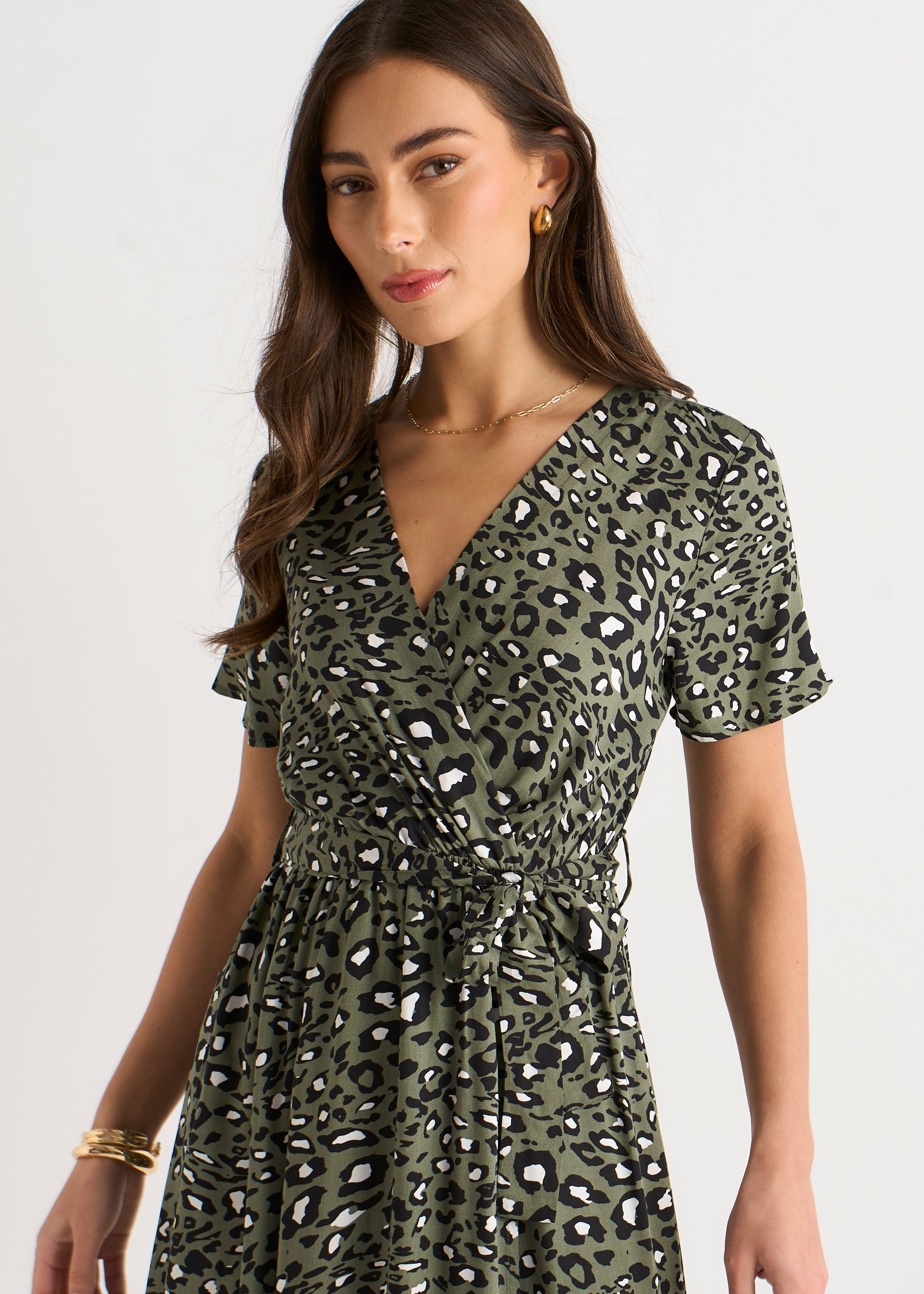 Gini London Khaki Short Sleeve Animal Print Wrap Front Midi Dress