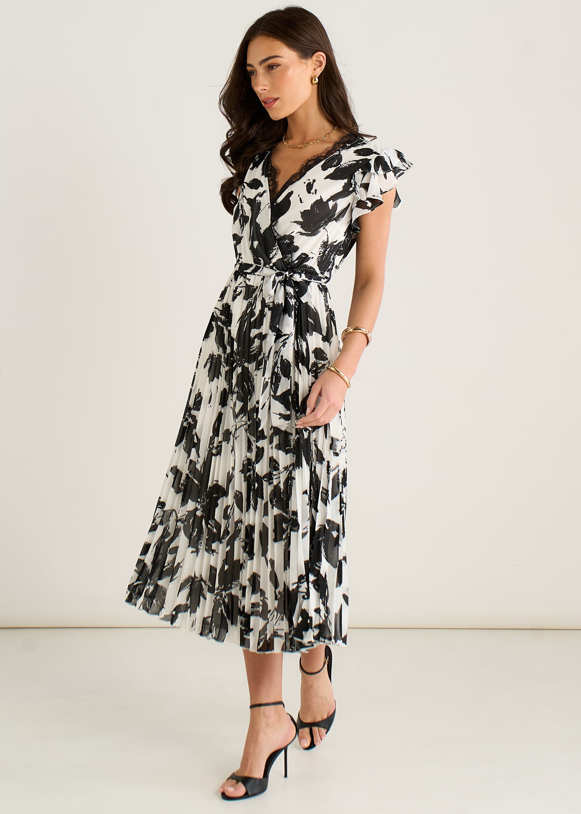 Gini London Lace Trim Mono Pleated Wrap Midi Dress
