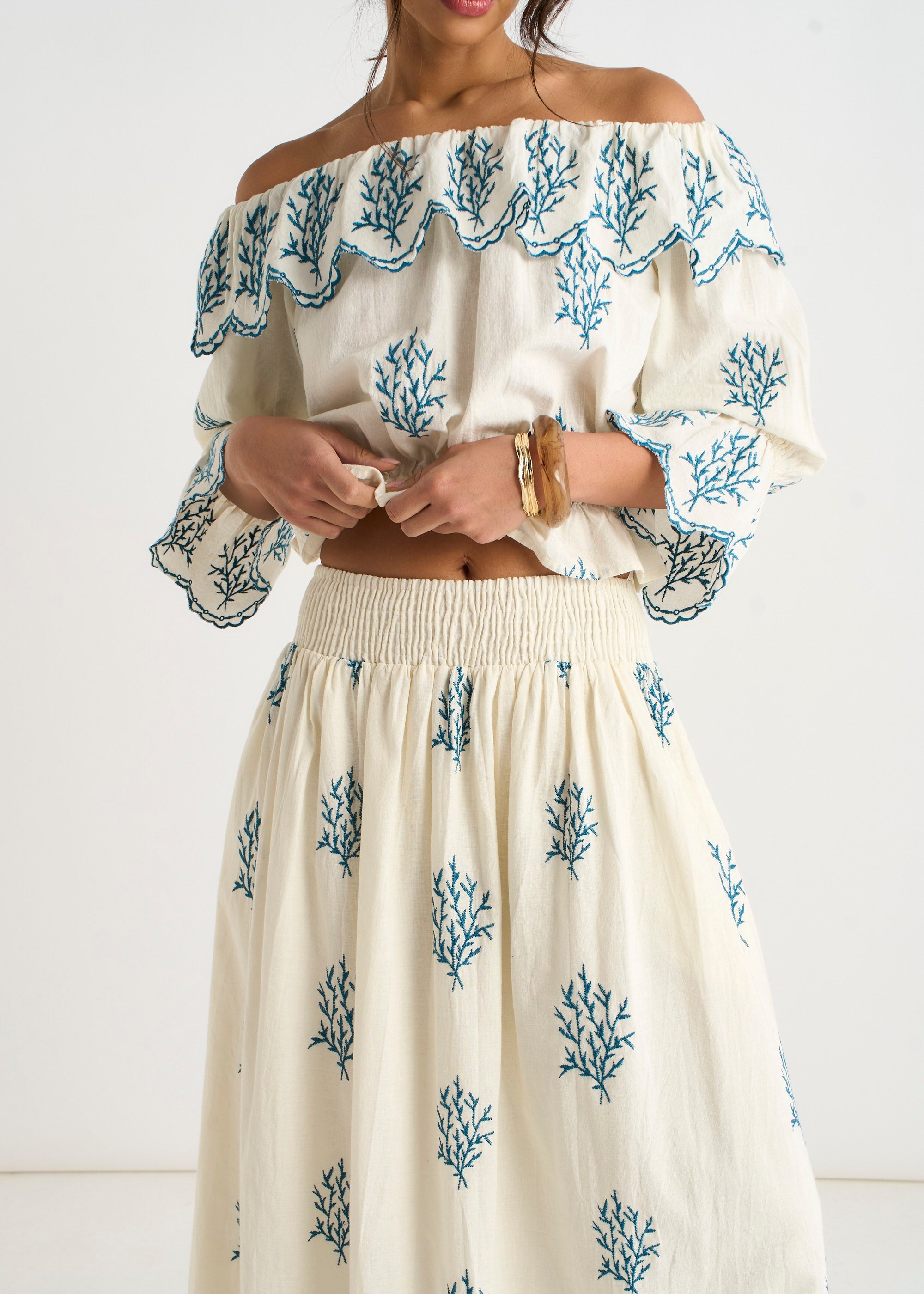 Marshmallow Cotton Embroidered Bardot Top