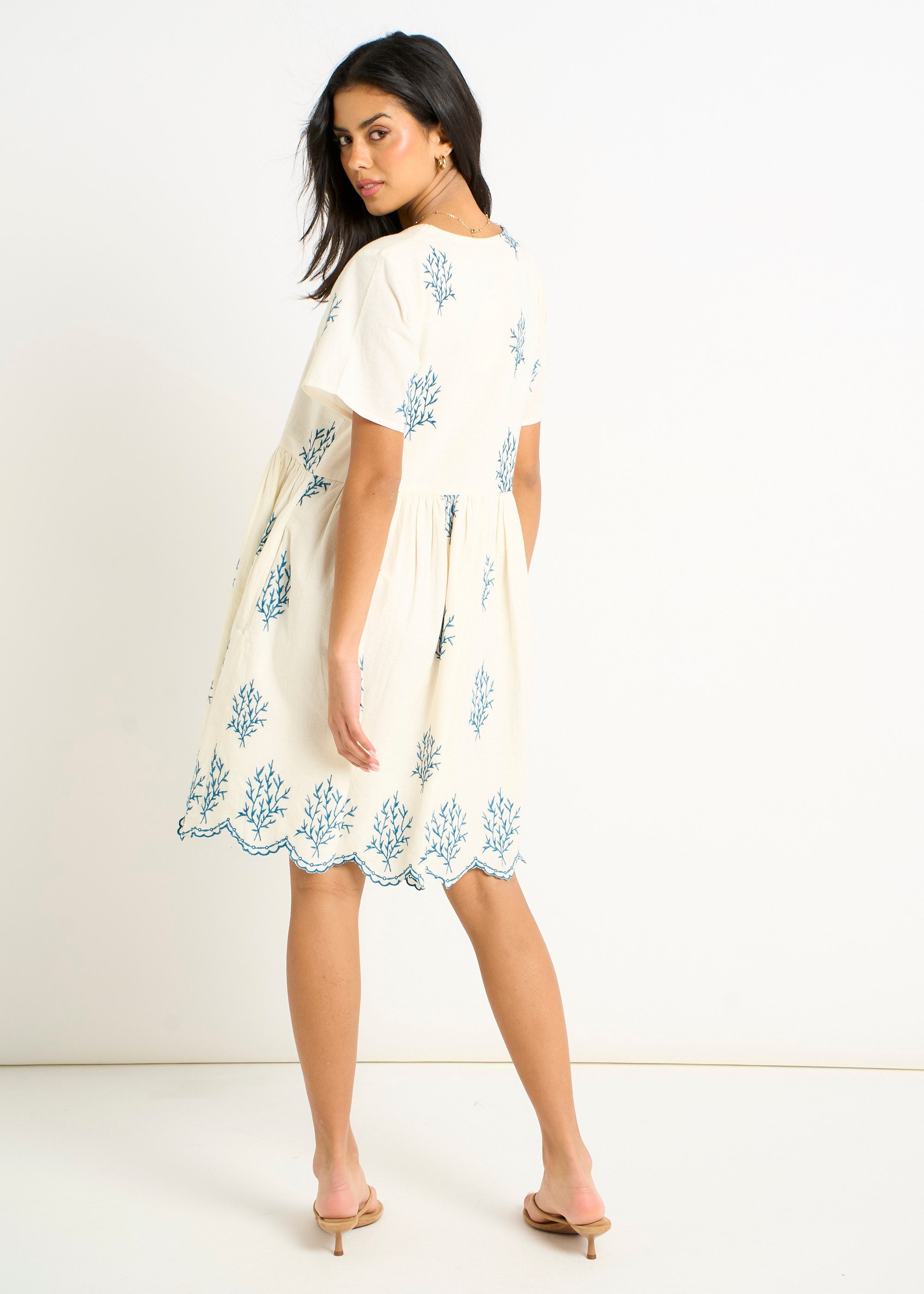 Gini London Marshmallow Cotton Embroidered Smock Mini Dress