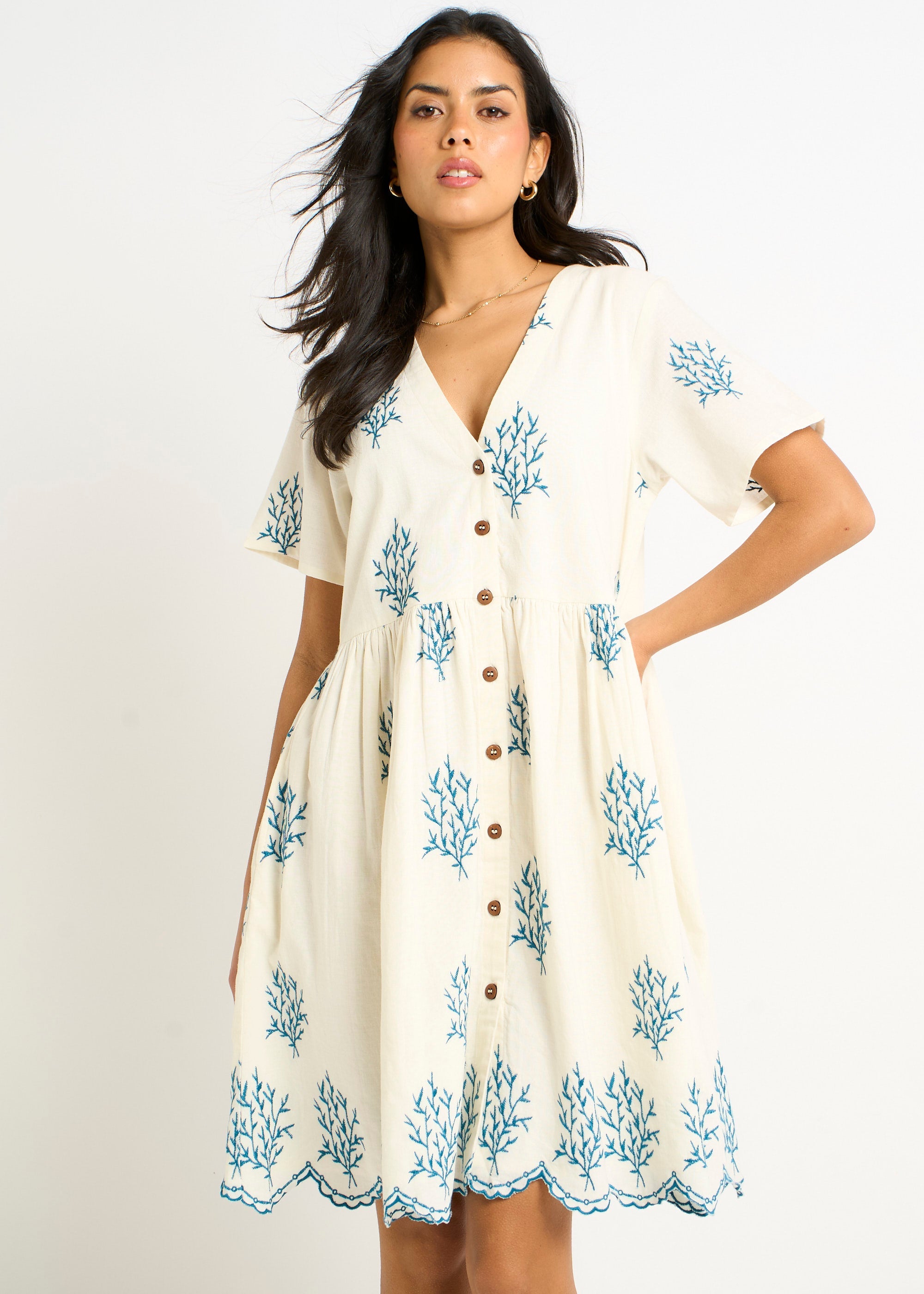 Gini London Marshmallow Cotton Embroidered Smock Mini Dress