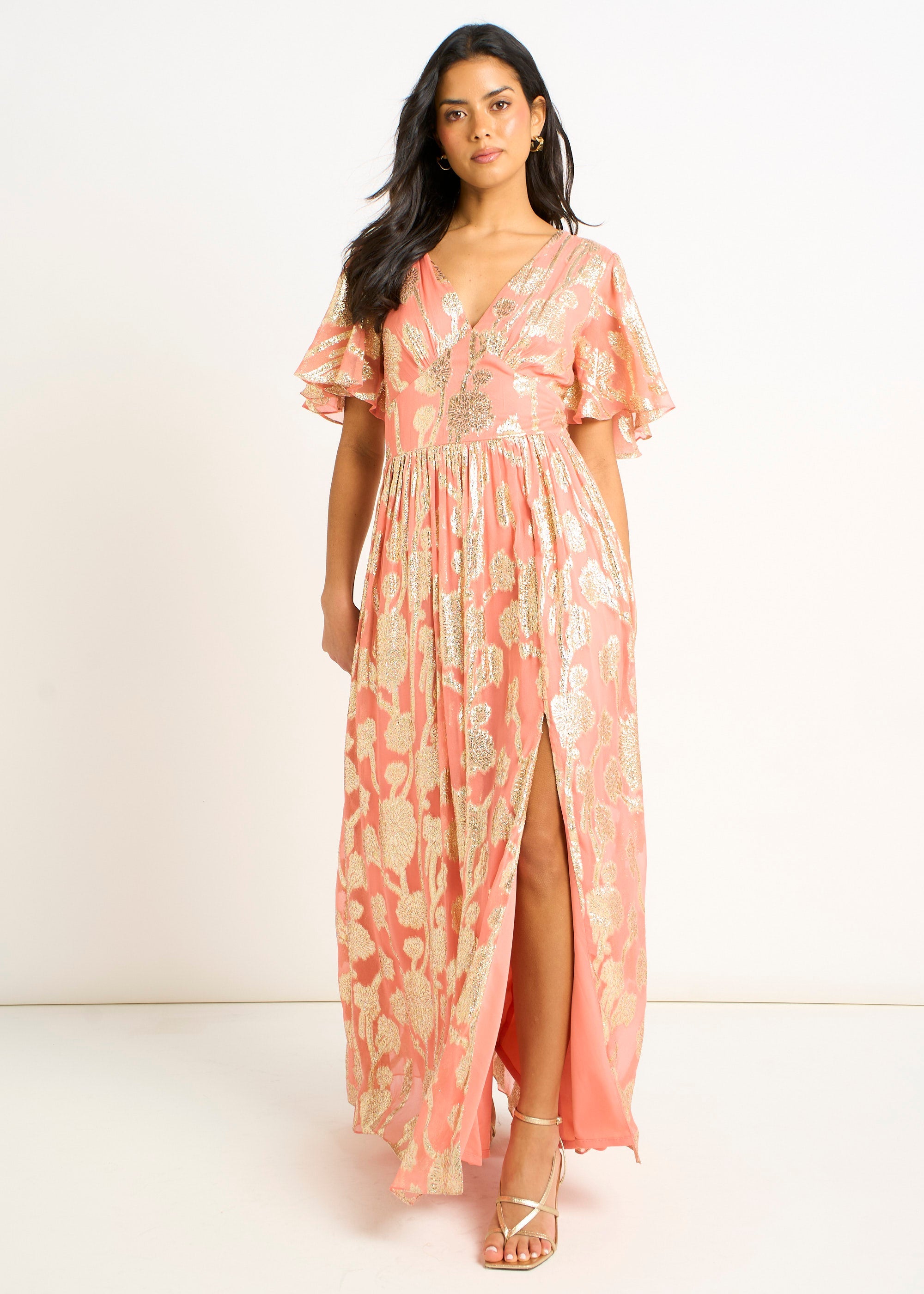 Gini London Pink Metallic Jacquard Flutter Sleeves Floral Maxi Dress