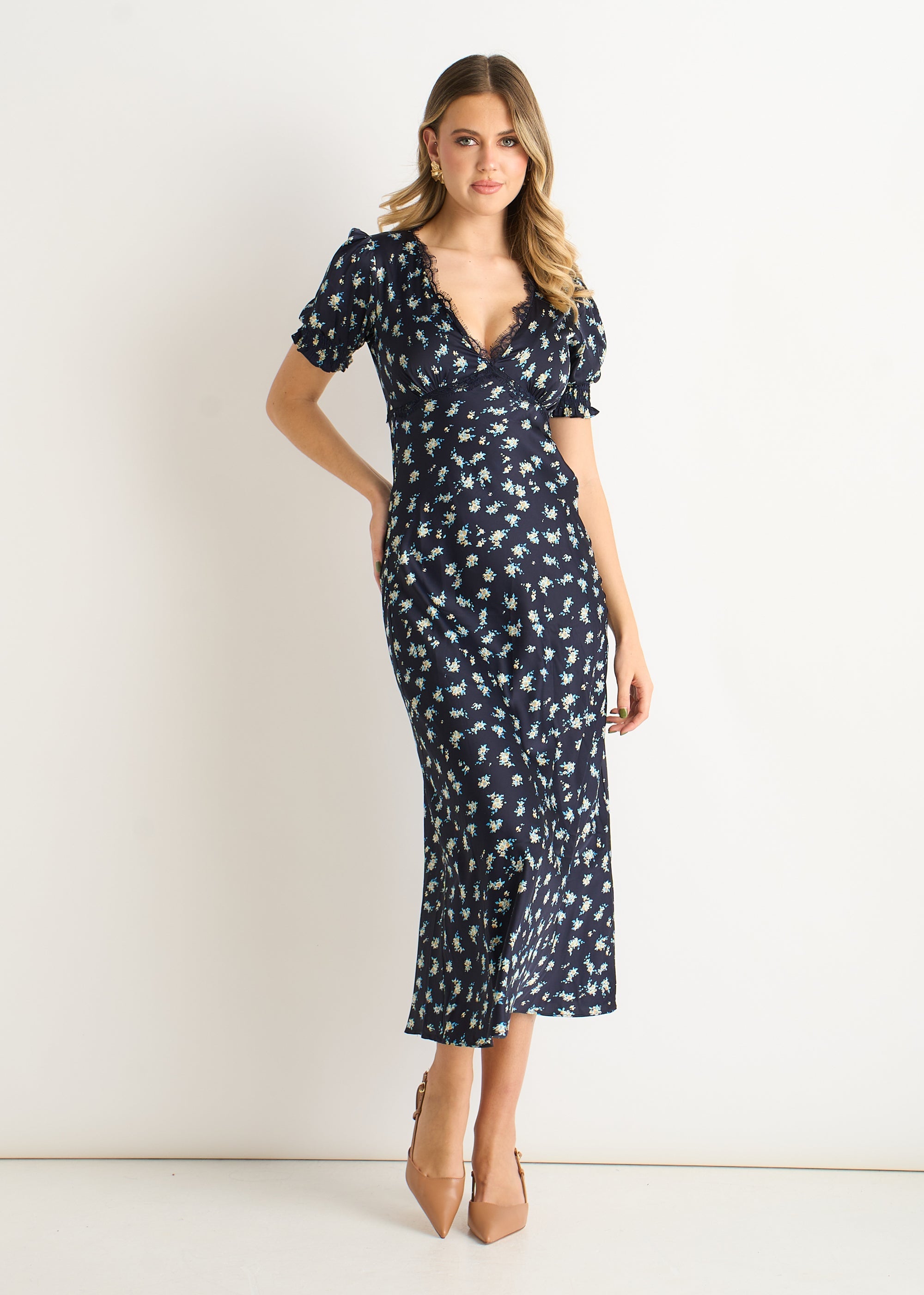 Gini London Navy Floral Lace Trim V Neck Midi Dress