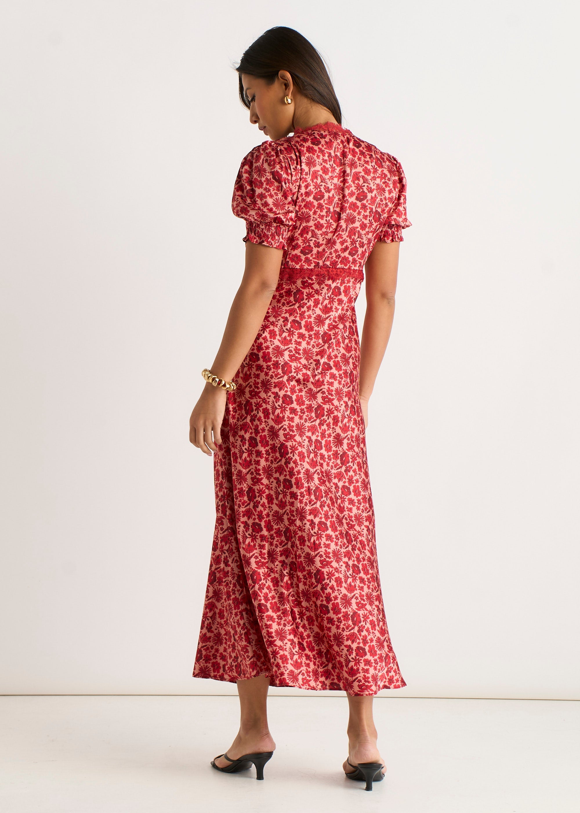 Gini London Red Floral Lace Trim V Neck Midi Dress