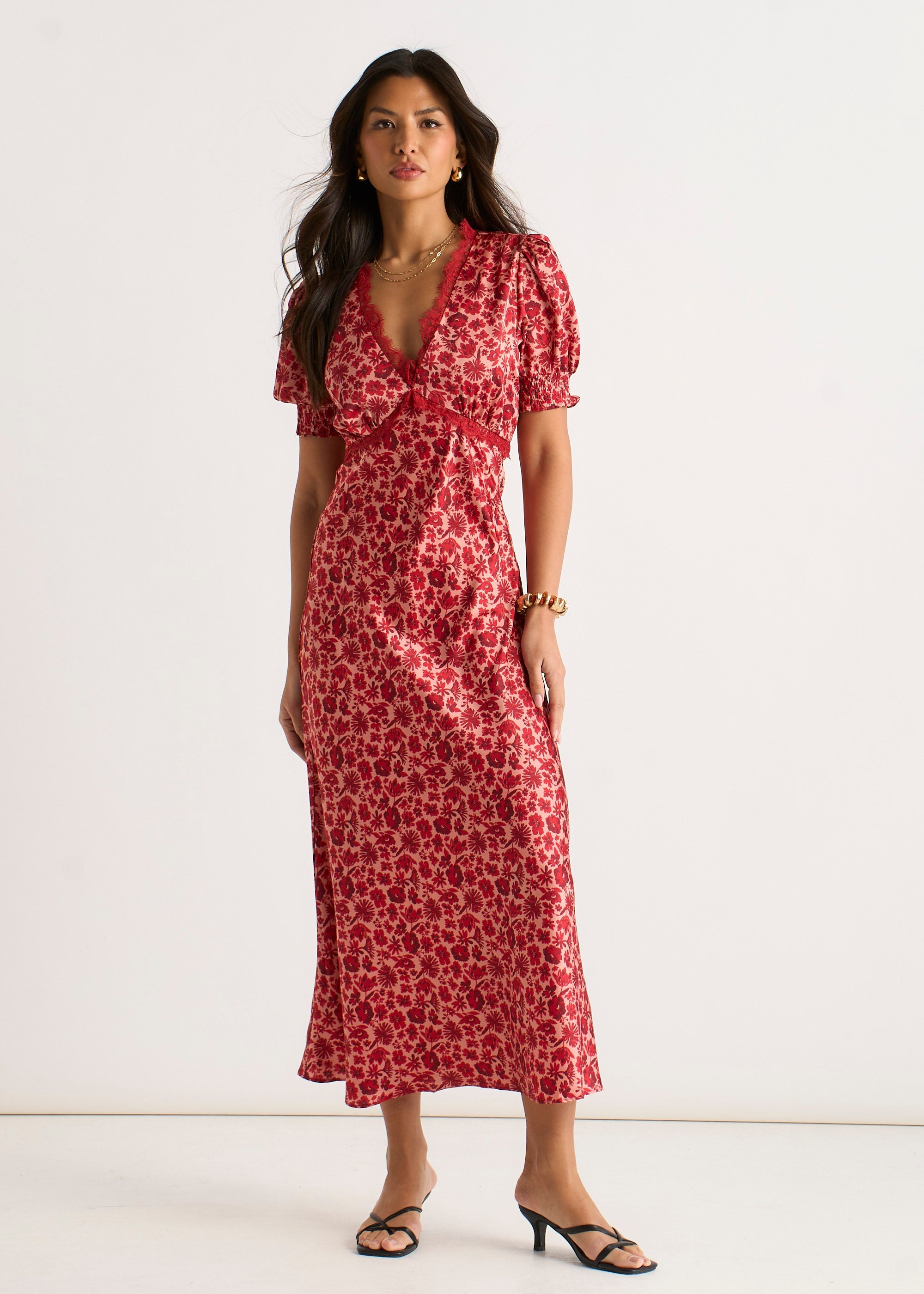 Gini London Red Floral Lace Trim V Neck Midi Dress