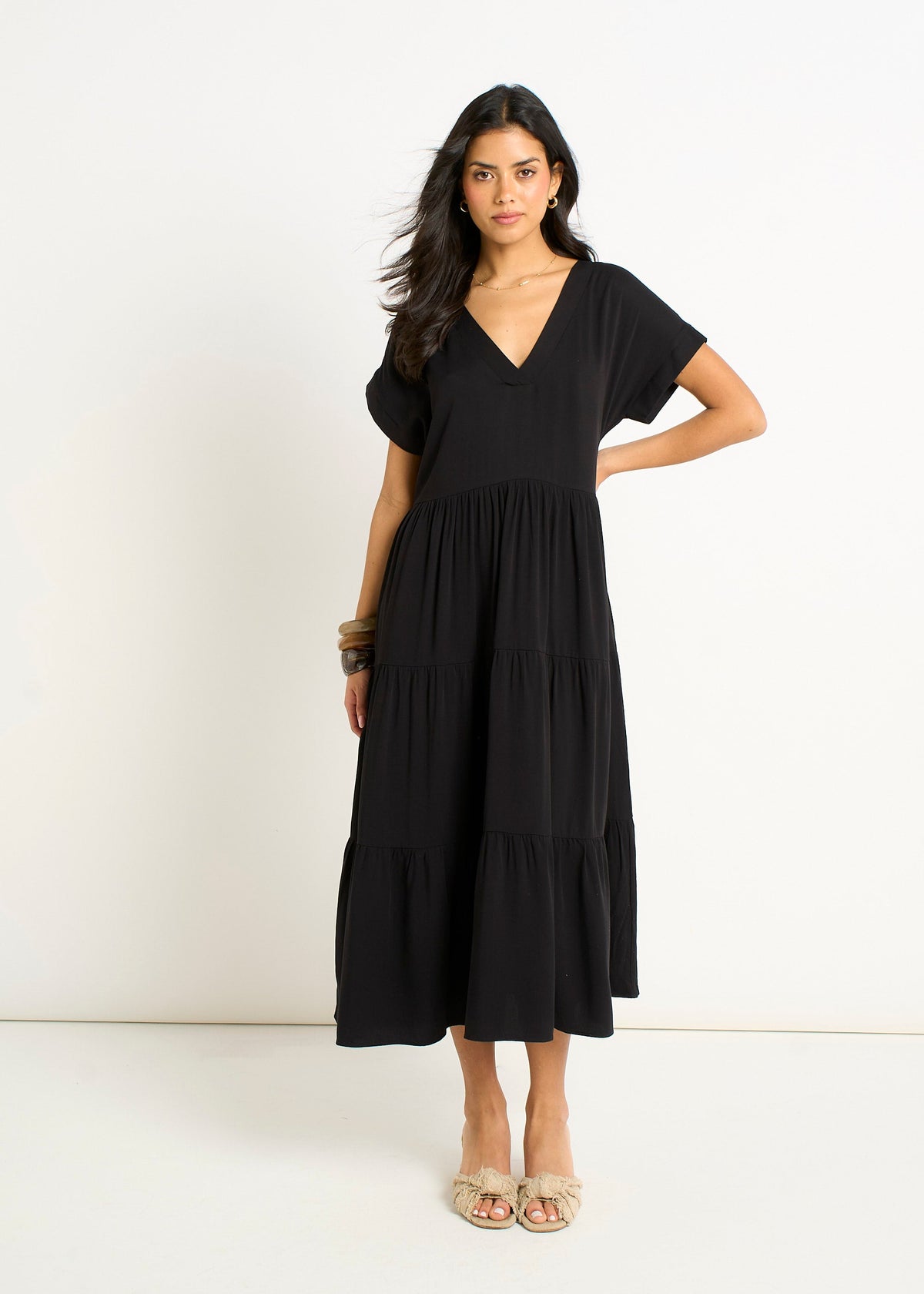 Gini London Black V Neck Pocket Smock Midi Dress