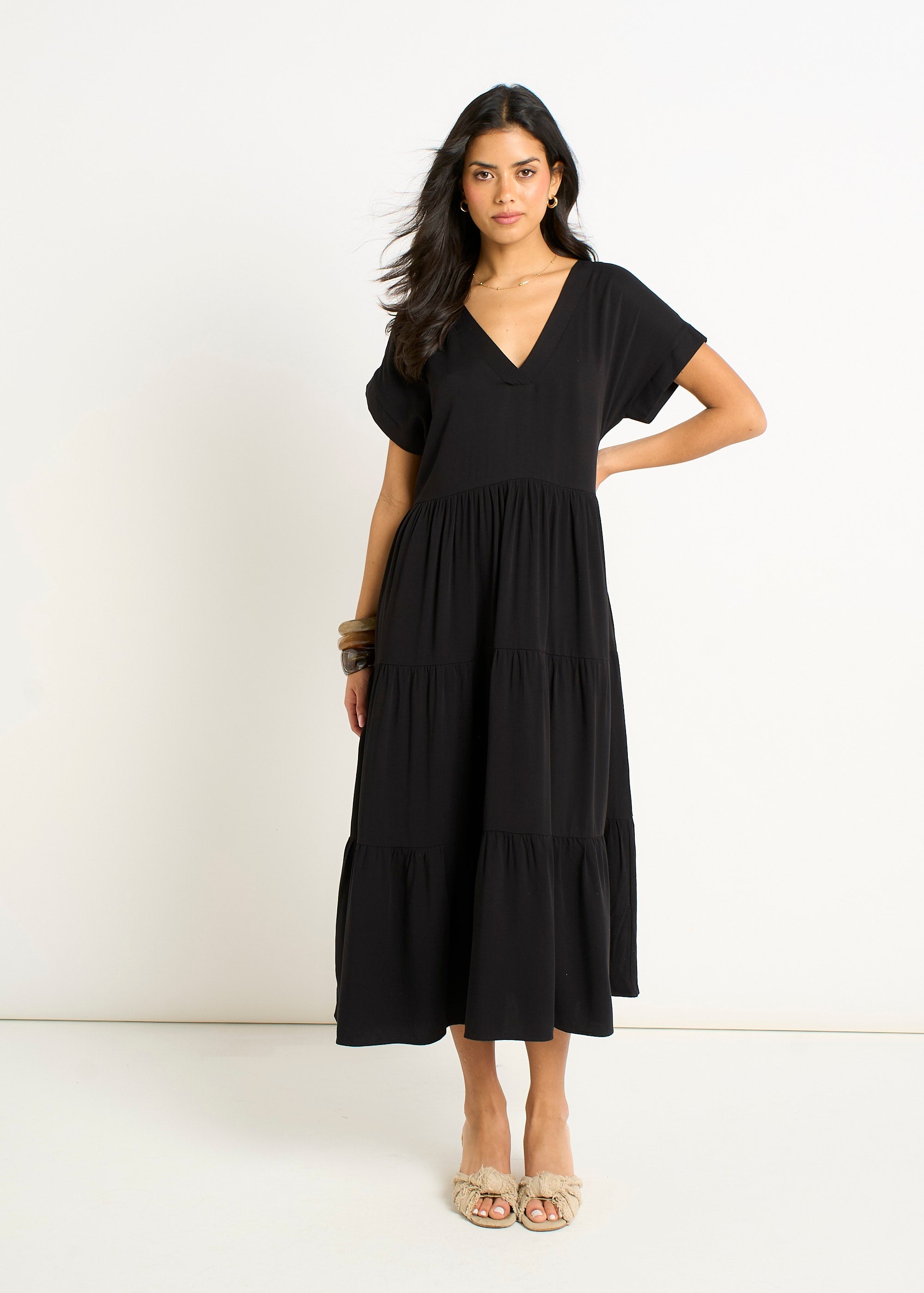 Gini London Black V Neck Pocket Smock Midi Dress