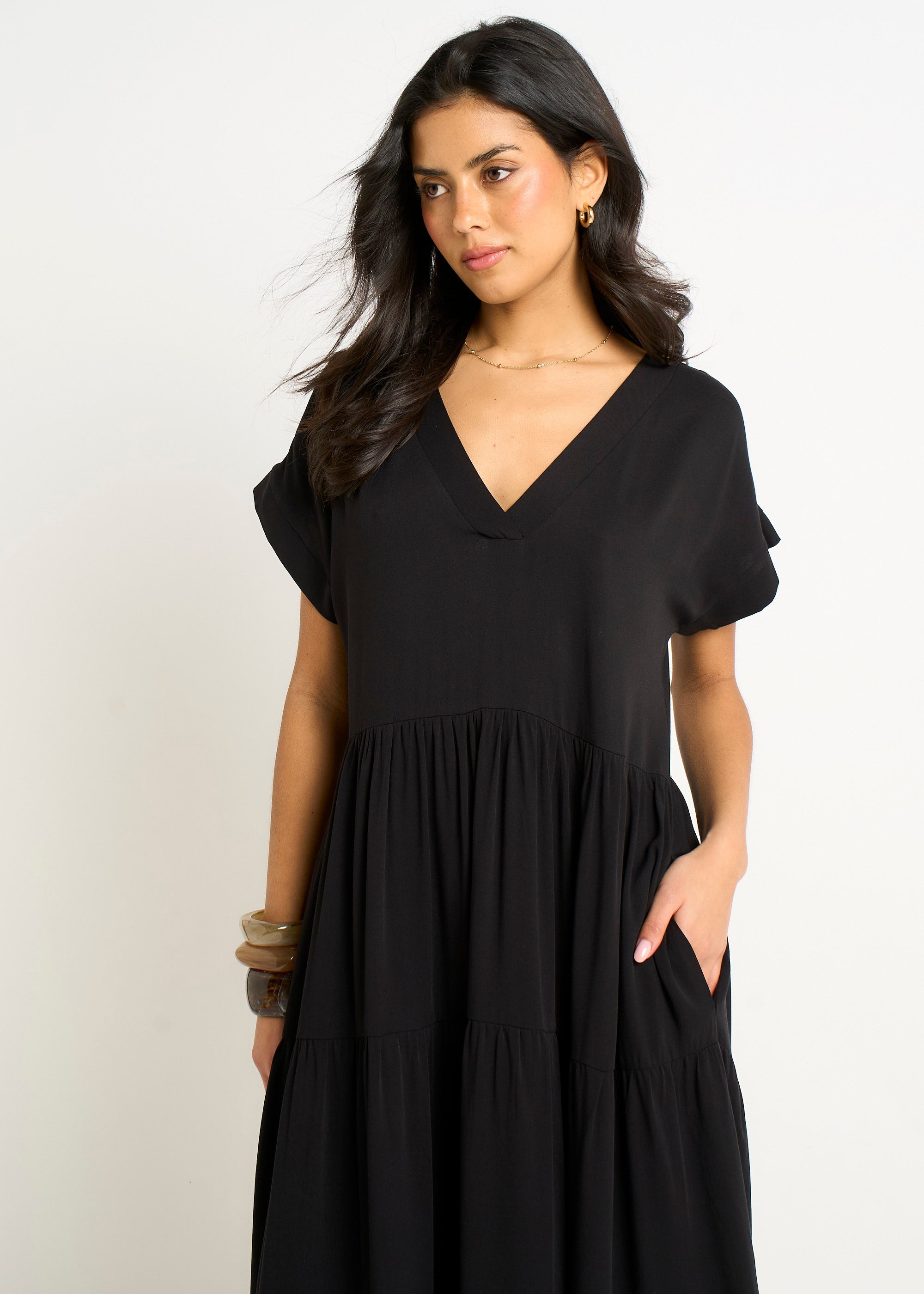 Gini London Black V Neck Pocket Smock Midi Dress