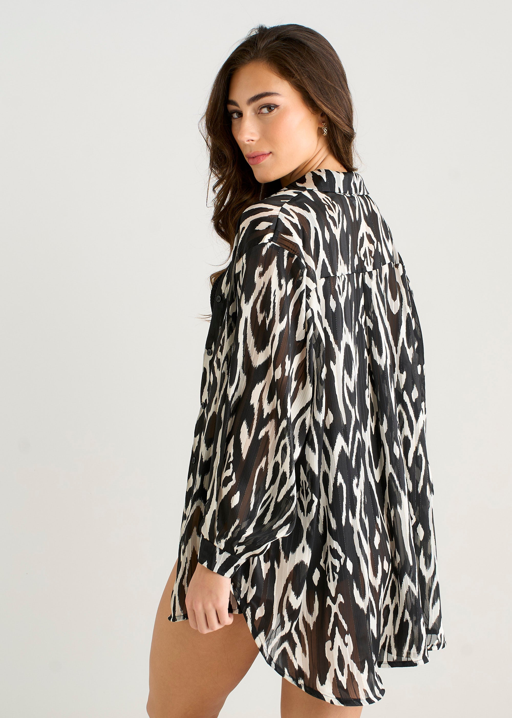 Gini London Mono Aztec Print Stripe Lurex Beach Shirt