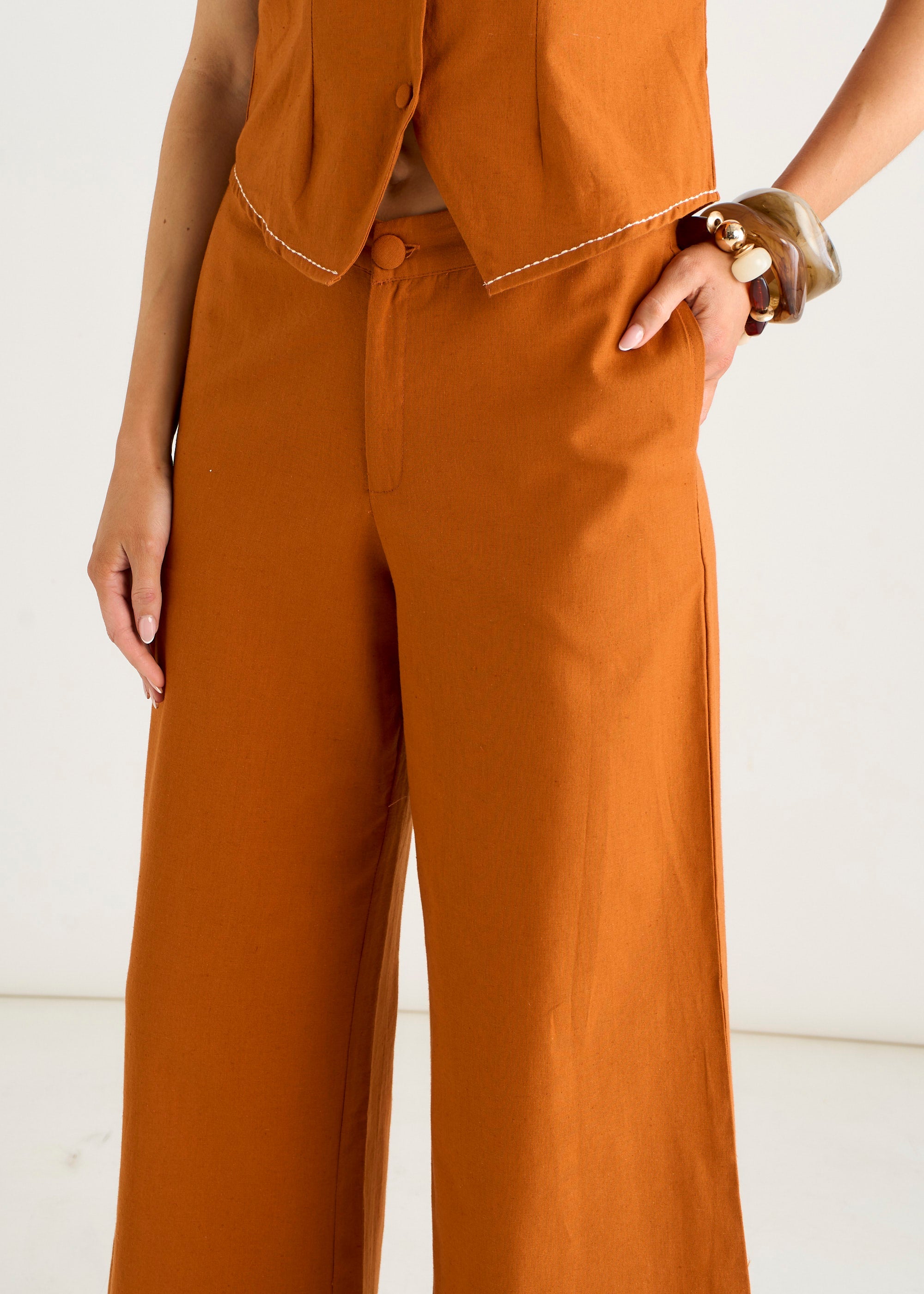Gini London Rust Contrast Embroidery Stitch Detail Trouser