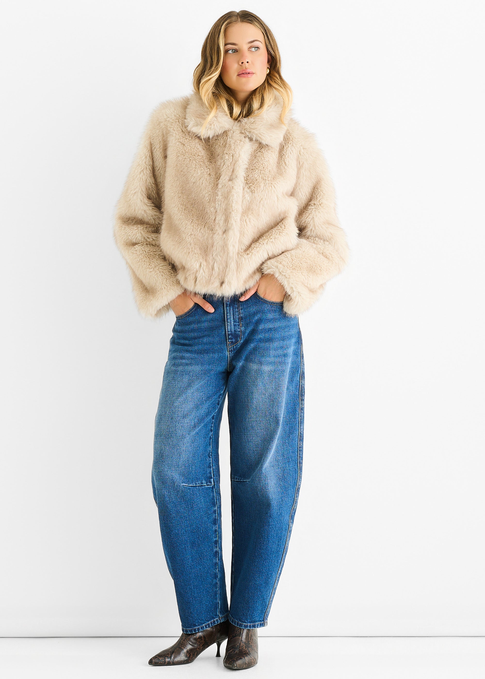Gini London Beige Premium Ombre Faux Fur Jacket