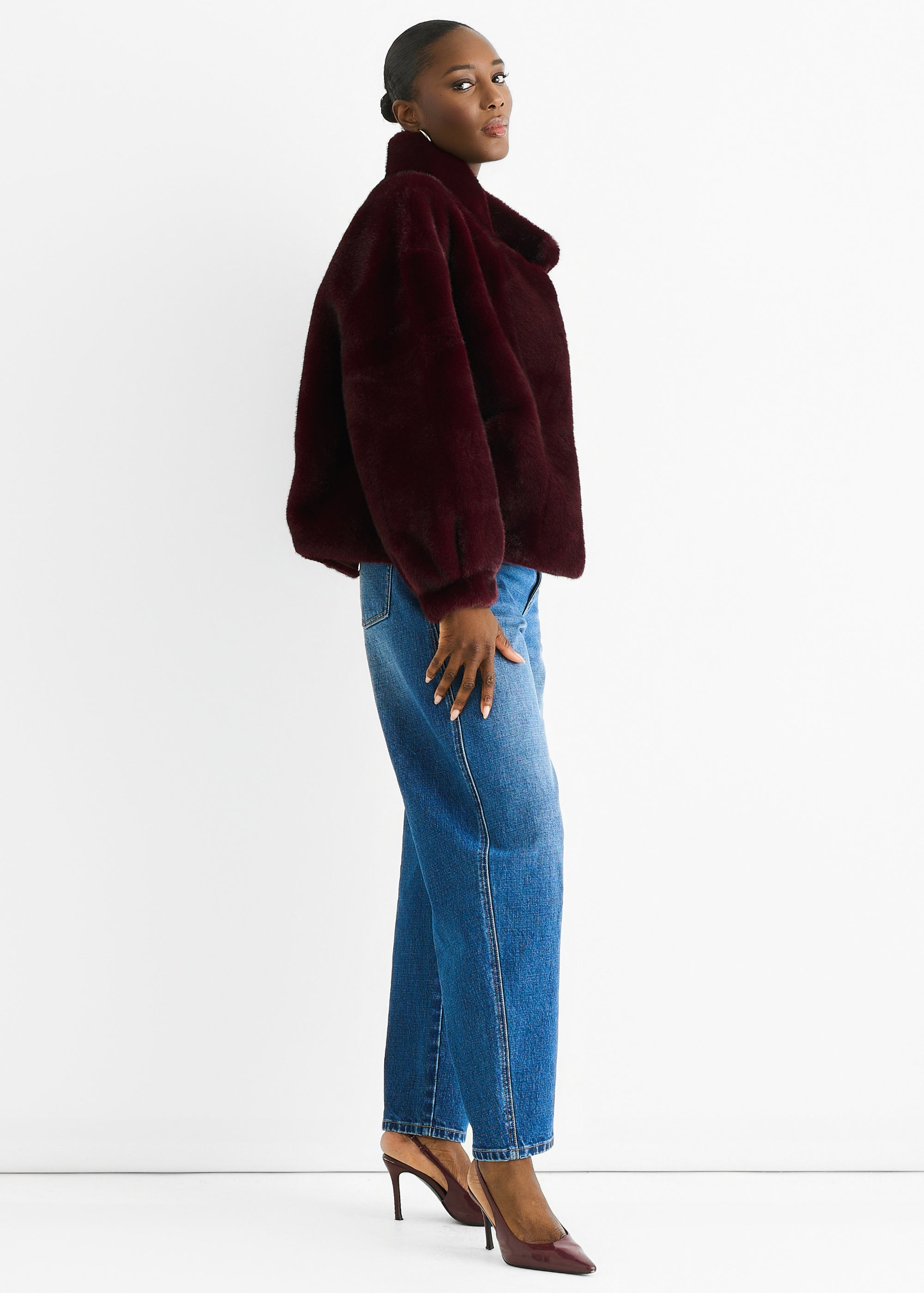 Gini London Burgundy Funnel Neck Button Up Faux Fur Jacket