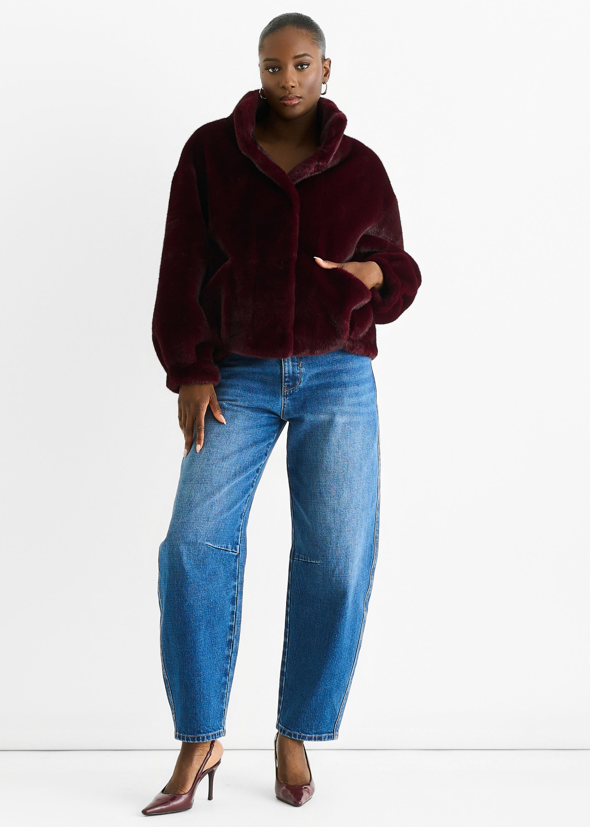 Gini London Burgundy Funnel Neck Button Up Faux Fur Jacket