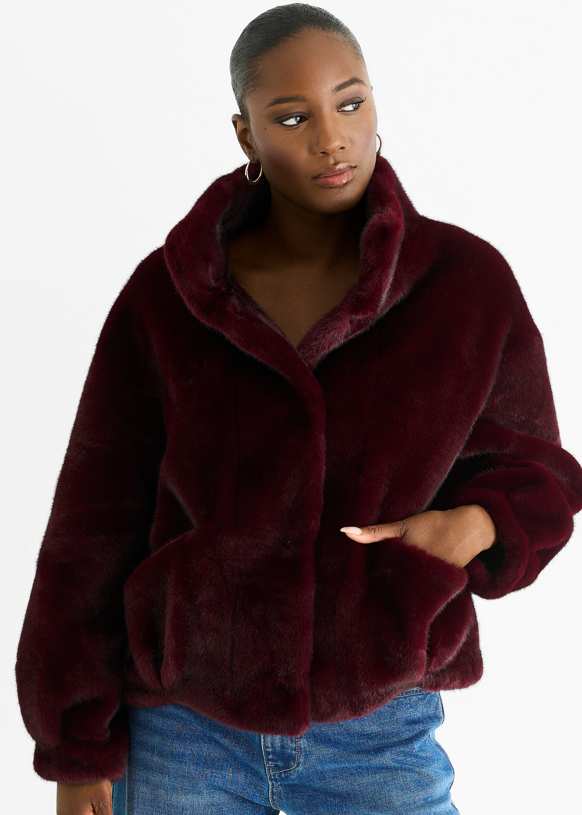 Gini London Burgundy Funnel Neck Button Up Faux Fur Jacket