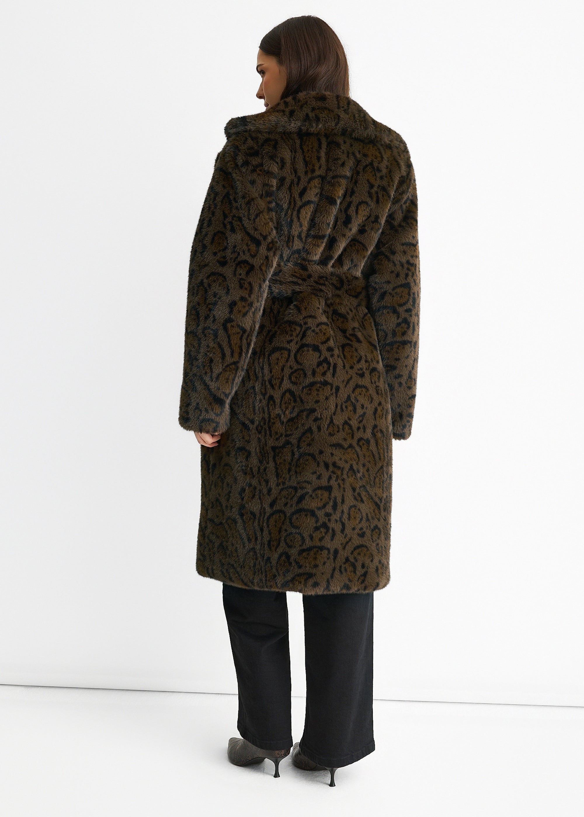 Gini London Chocolate Leopard Print Premium Faux Fur Belted Coat