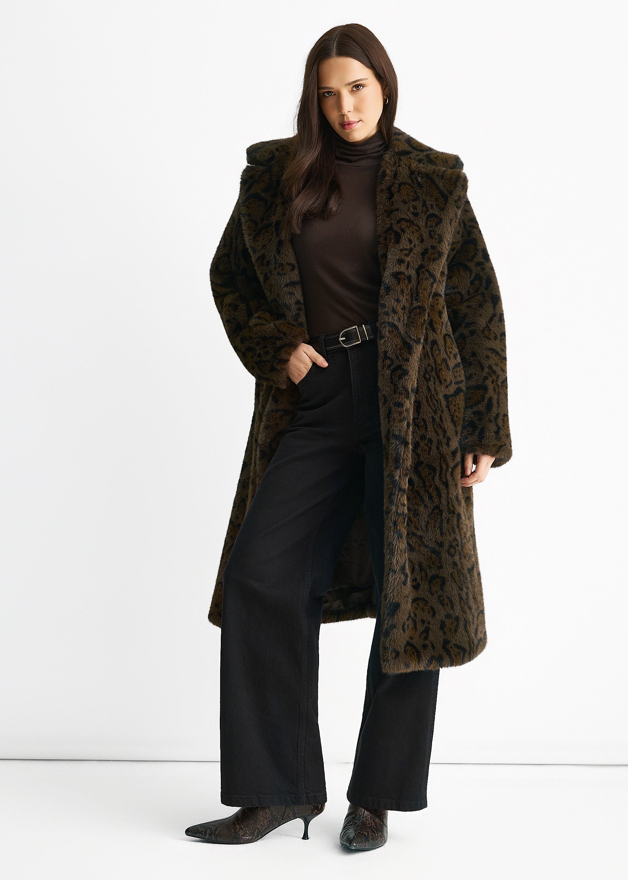 Gini London Chocolate Leopard Print Premium Faux Fur Belted Coat