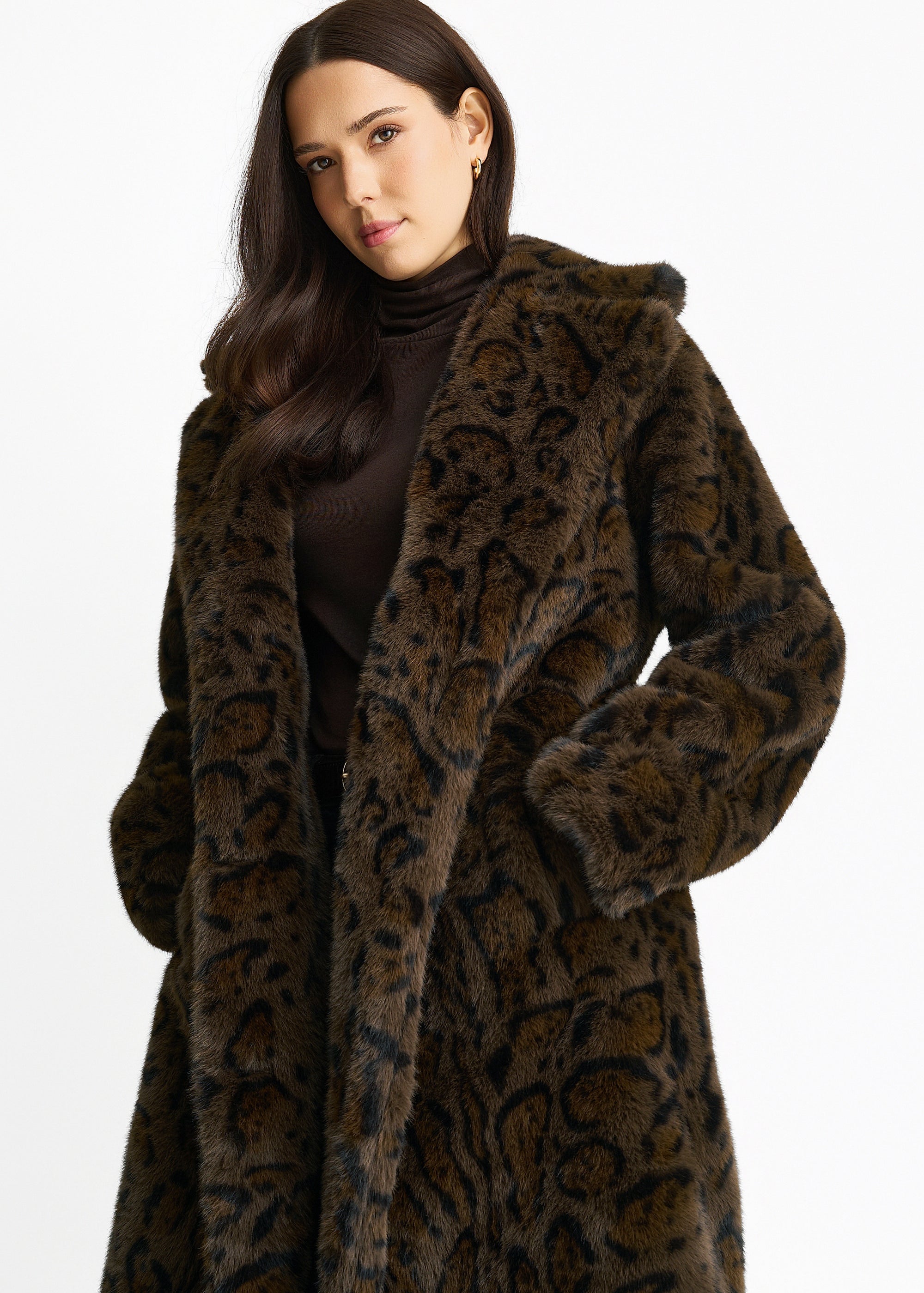 Gini London Chocolate Leopard Print Premium Faux Fur Belted Coat