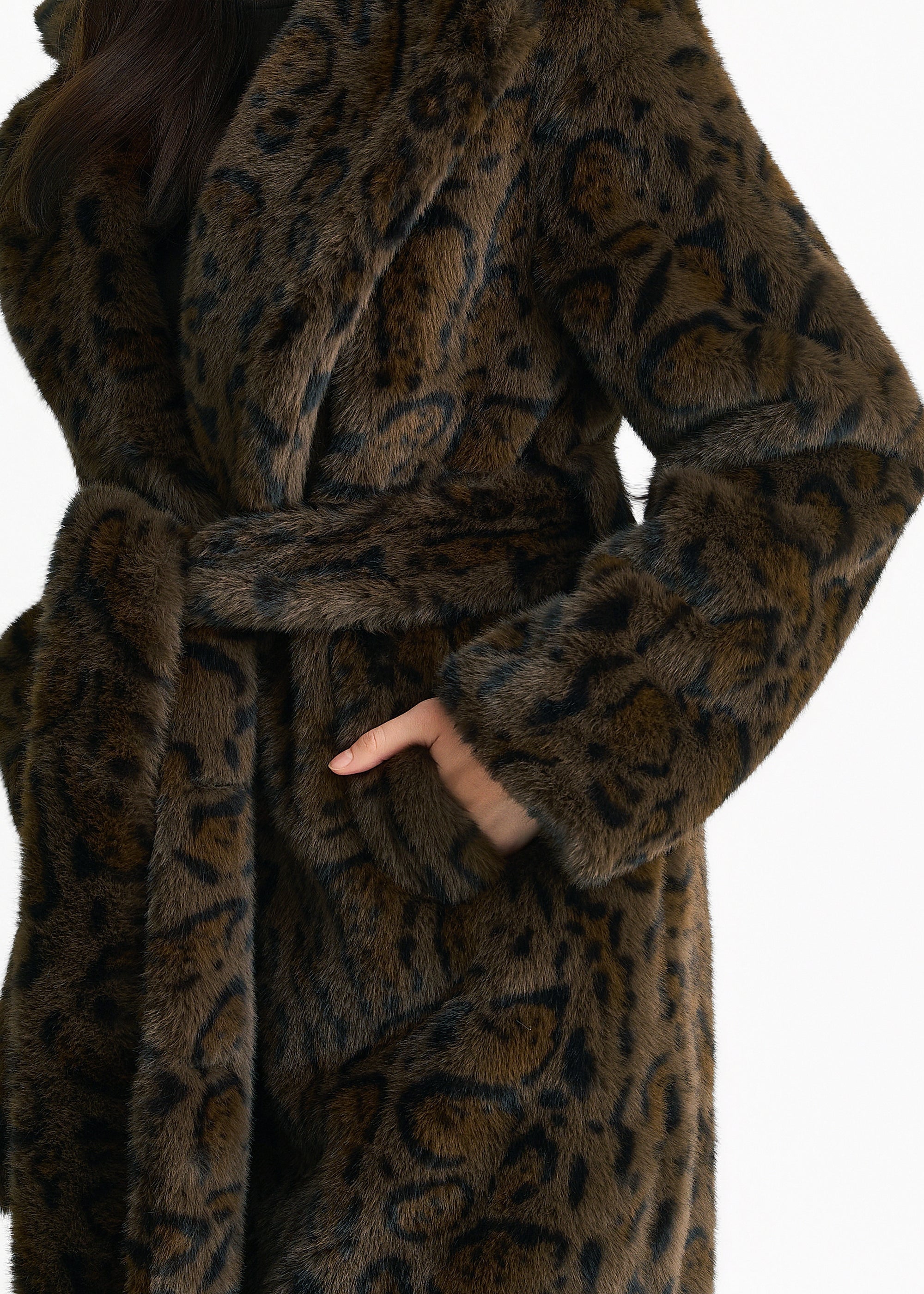 Gini London Chocolate Leopard Print Premium Faux Fur Belted Coat