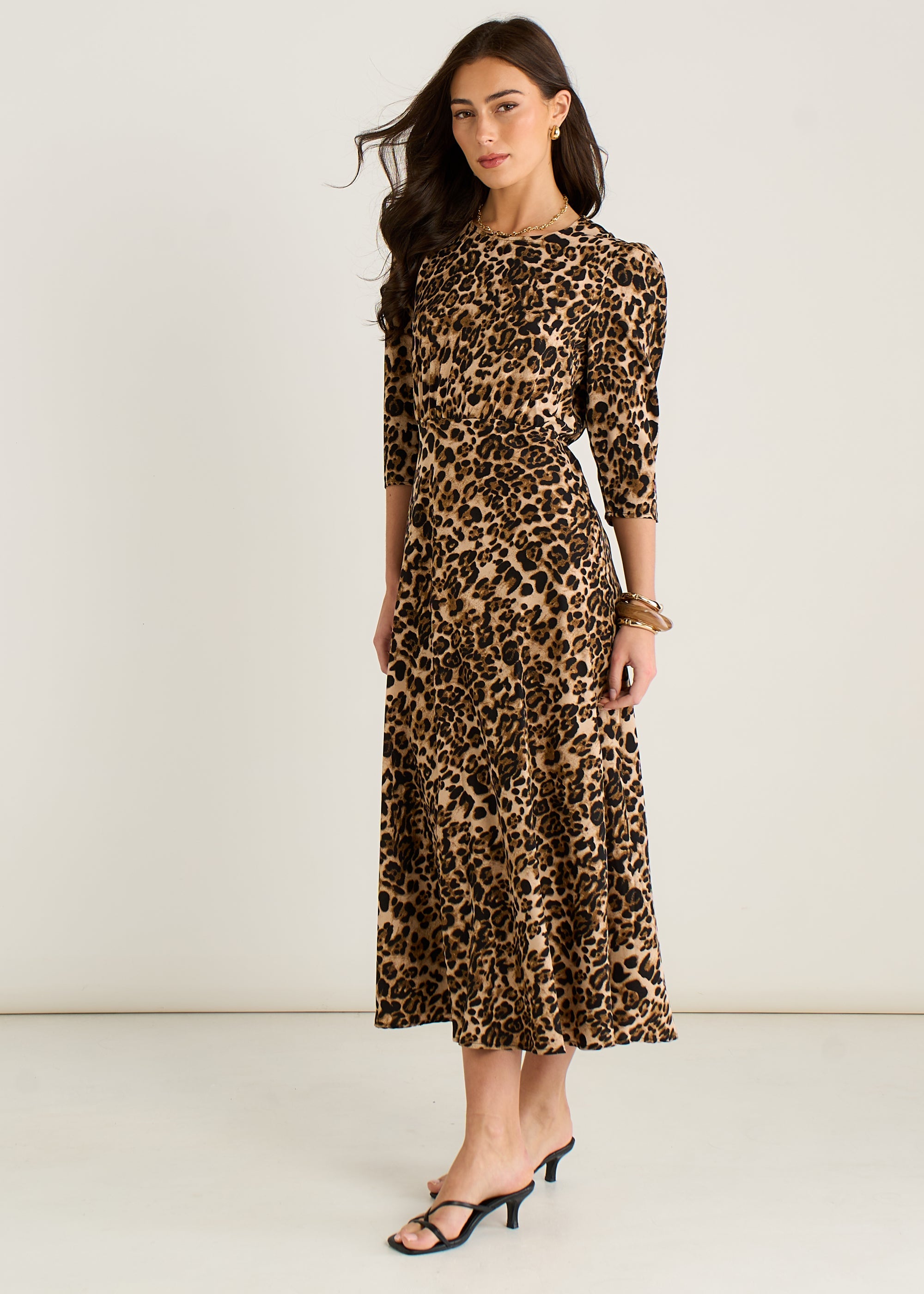Gini London Brown Animal Print Satin Shift Midi Dress