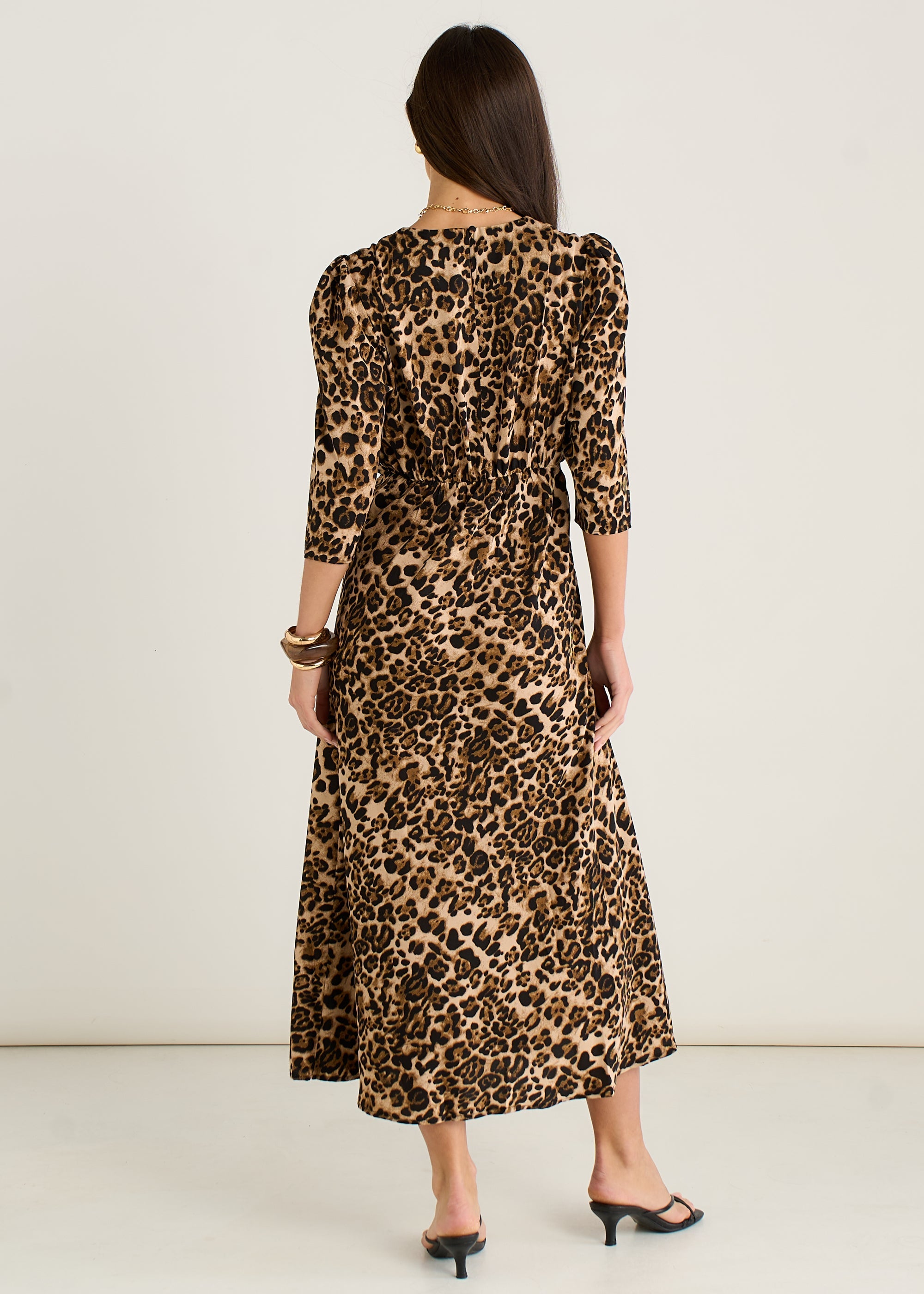 Gini London Brown Animal Print Satin Shift Midi Dress