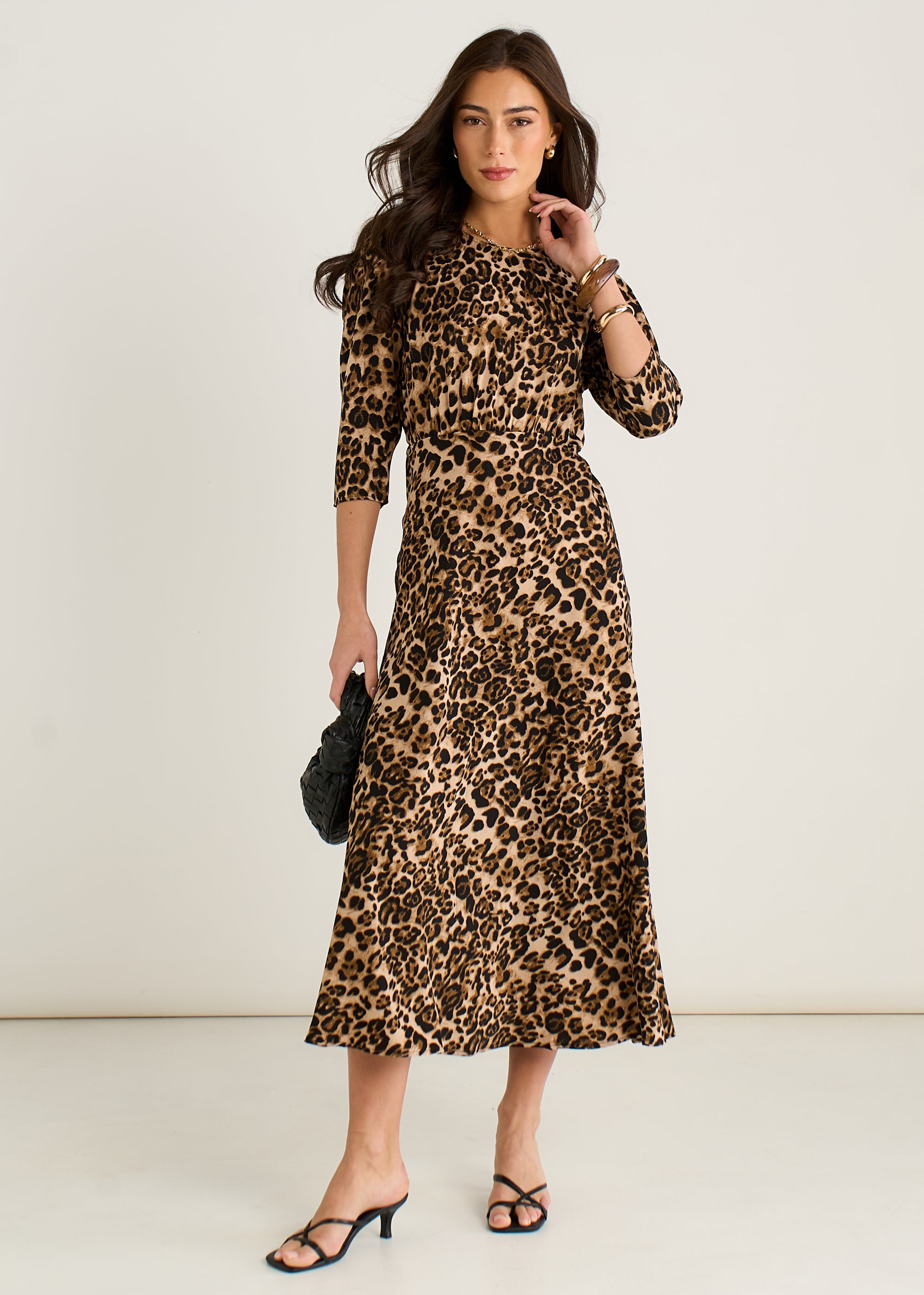 Gini London Brown Animal Print Satin Shift Midi Dress