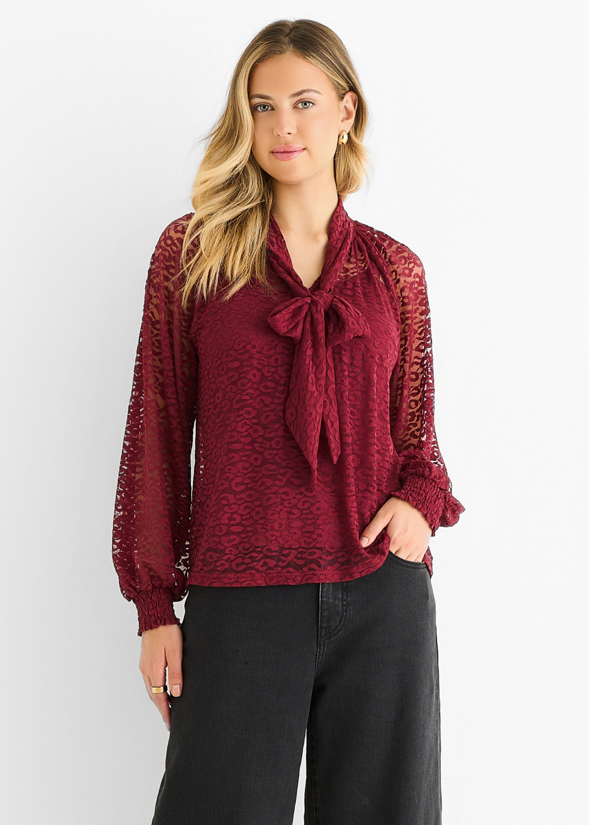 Gini London Burgundy Animal Lace Neck Tie Detail Blouse