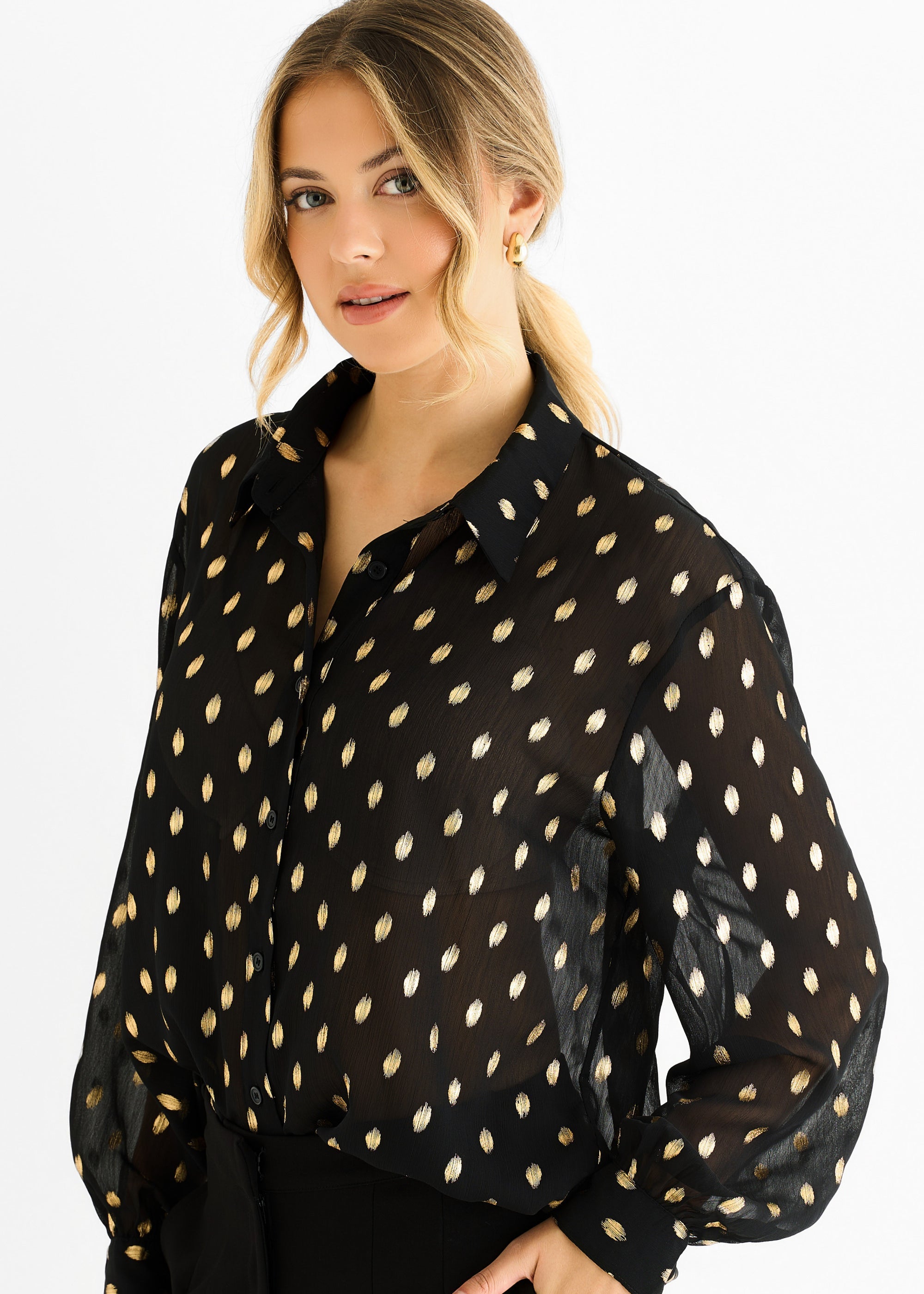 Gini London Black Chiffon Foil Jacquard Sheer Shirt