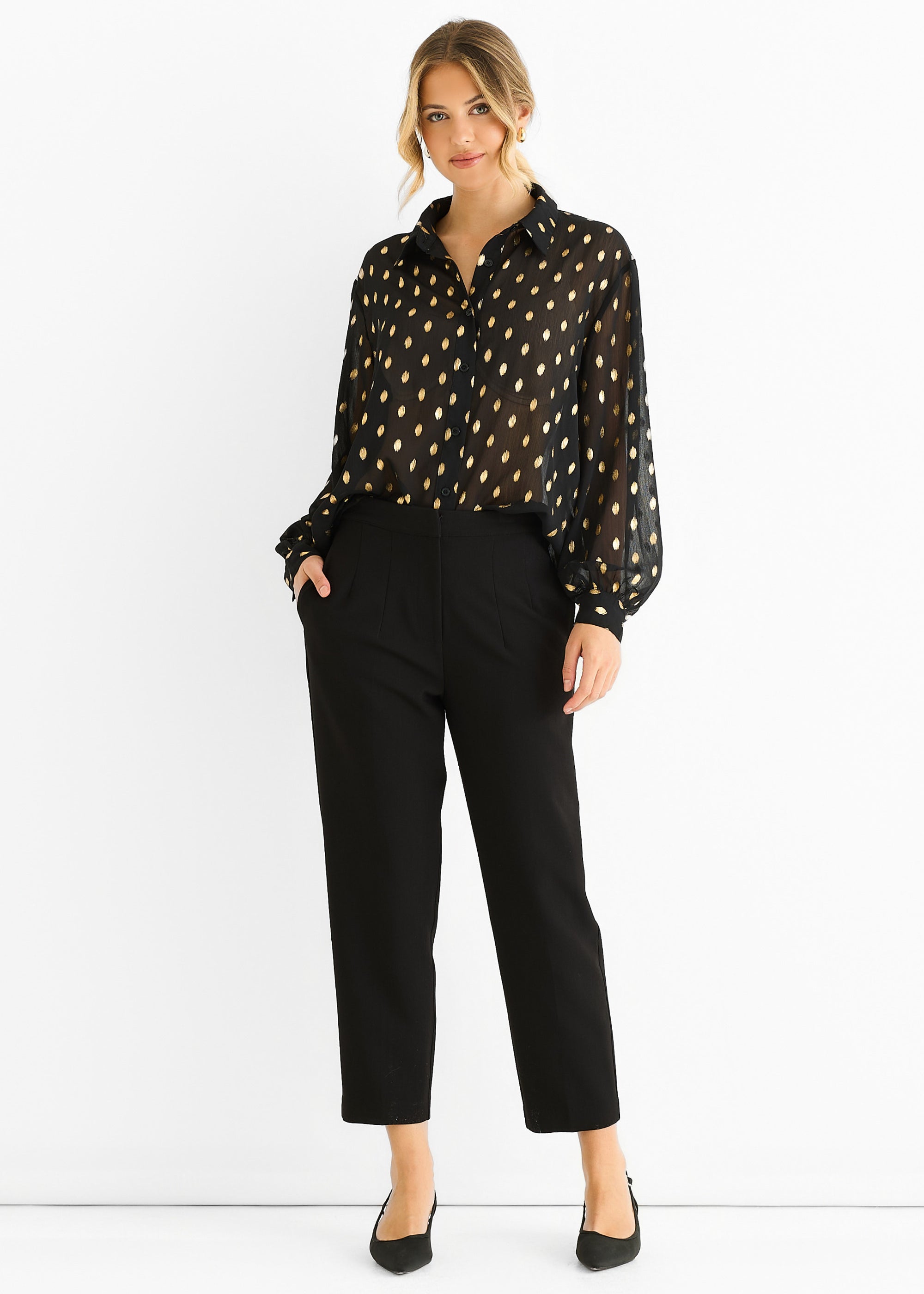 Gini London Black Chiffon Foil Jacquard Sheer Shirt