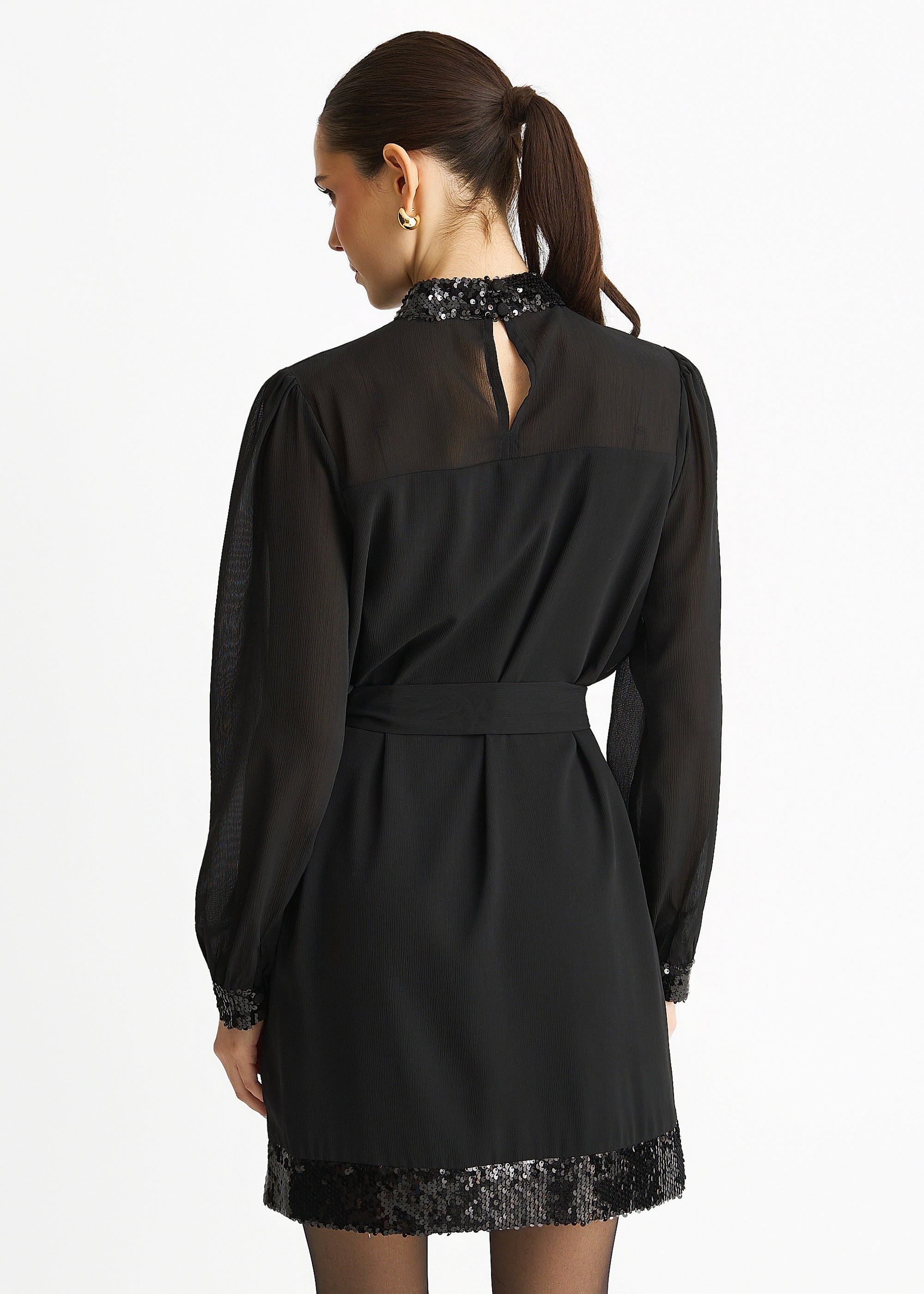 Gini London Black Sequin Trim High Neck Belted Mini Dress