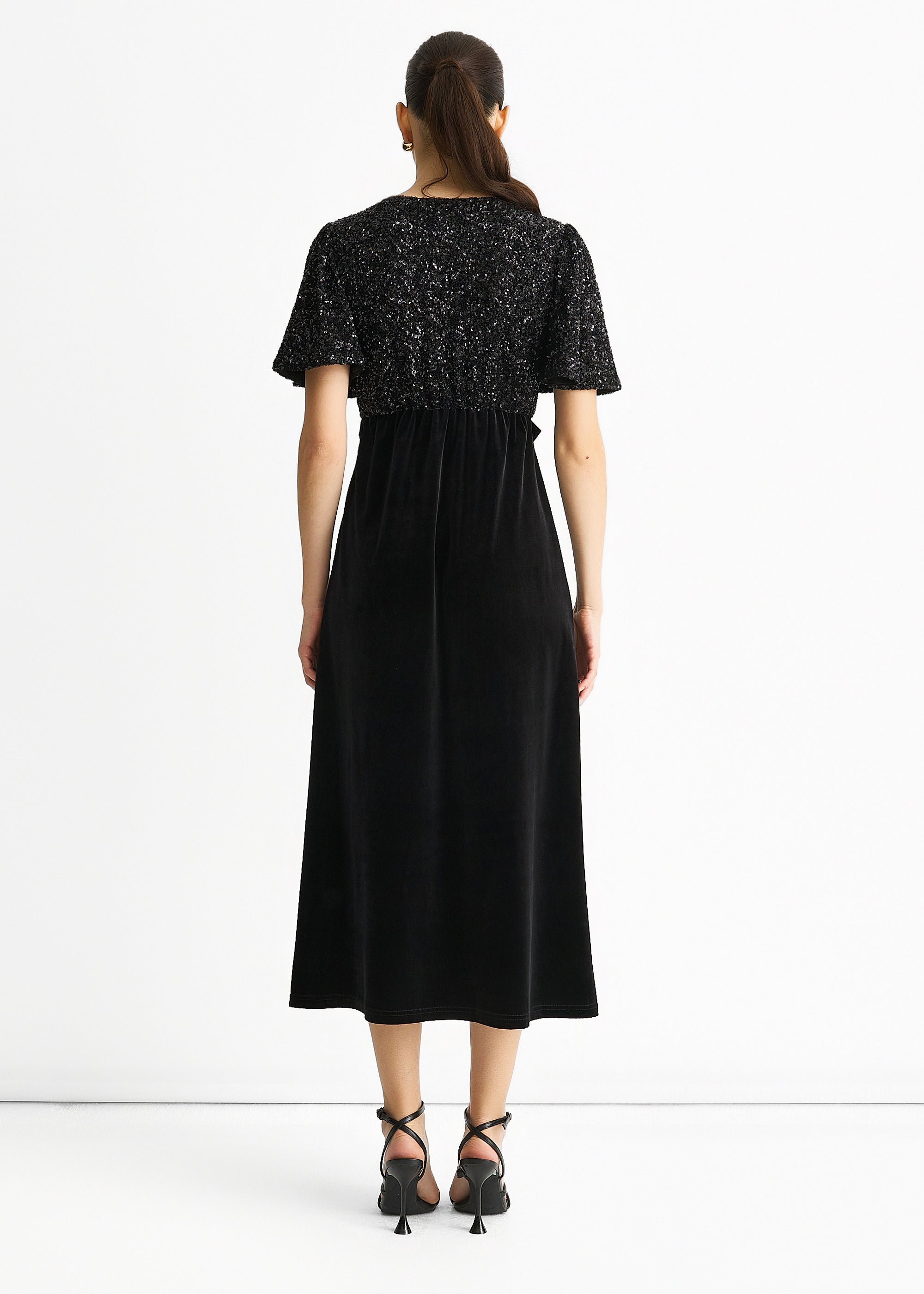 Black Sequin Top Premium Velvet Occasion Midi Dress