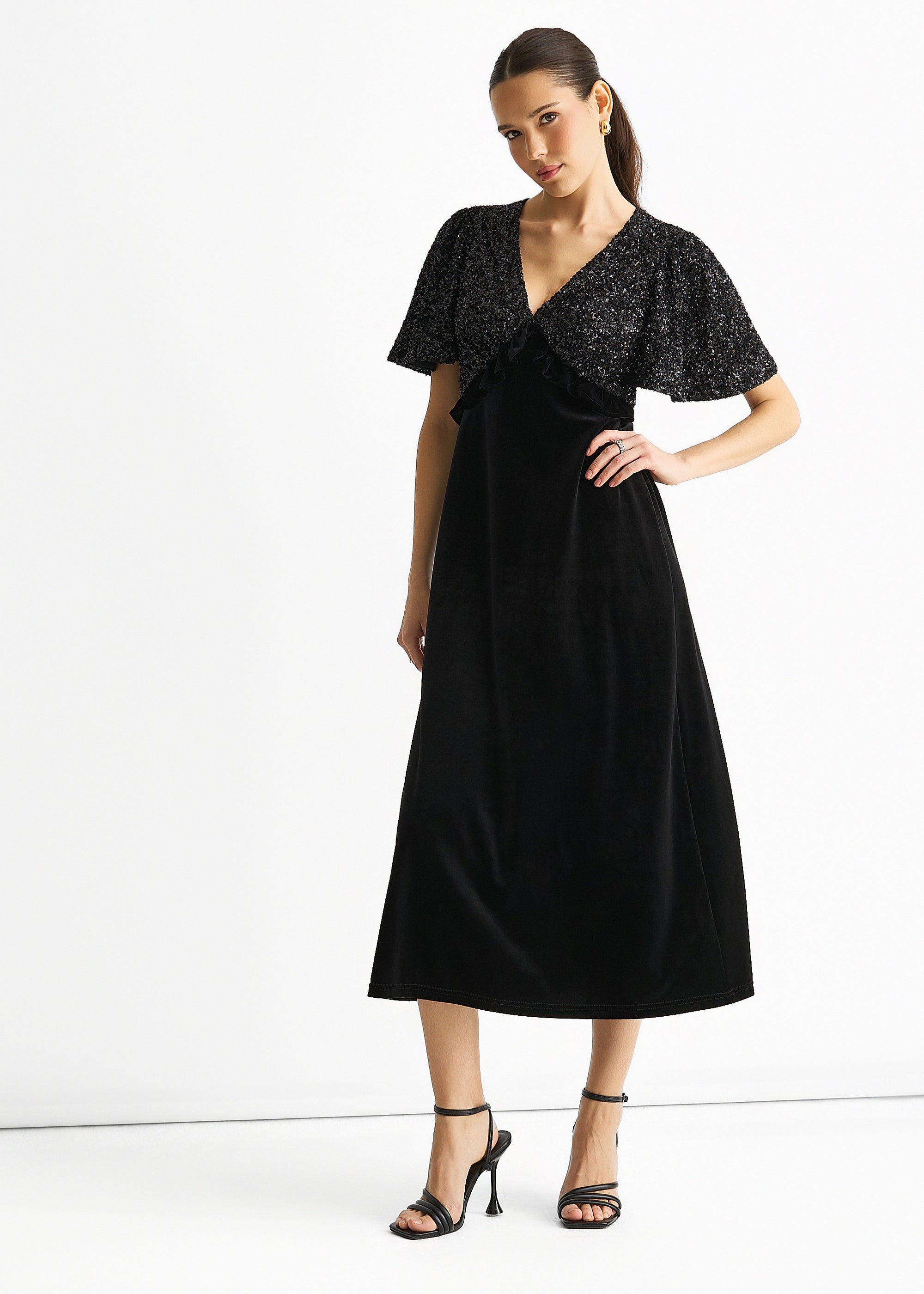 Black Sequin Top Premium Velvet Occasion Midi Dress