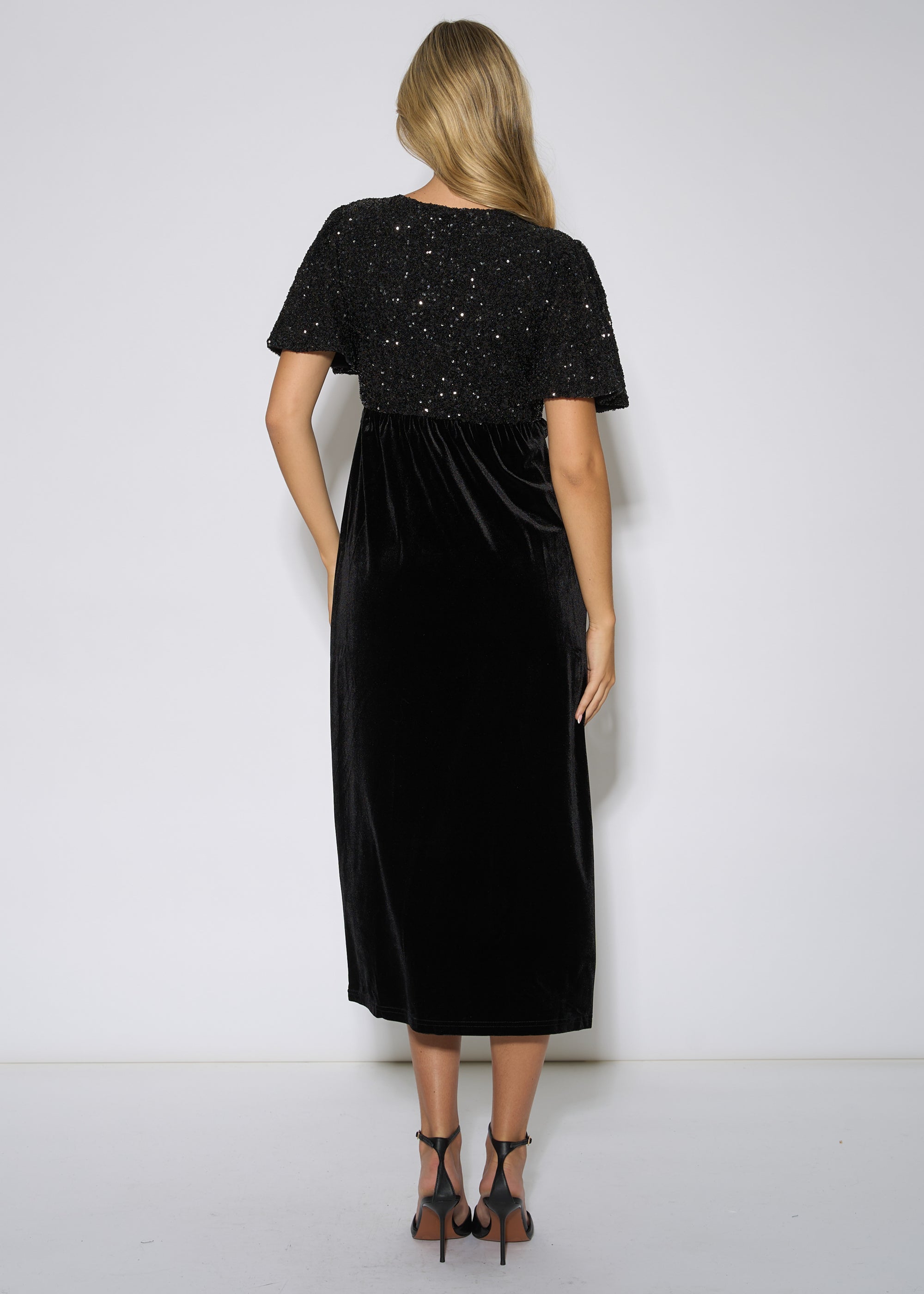 Gini London Black Sequin Top Premium Velvet Occasion Midi Dress