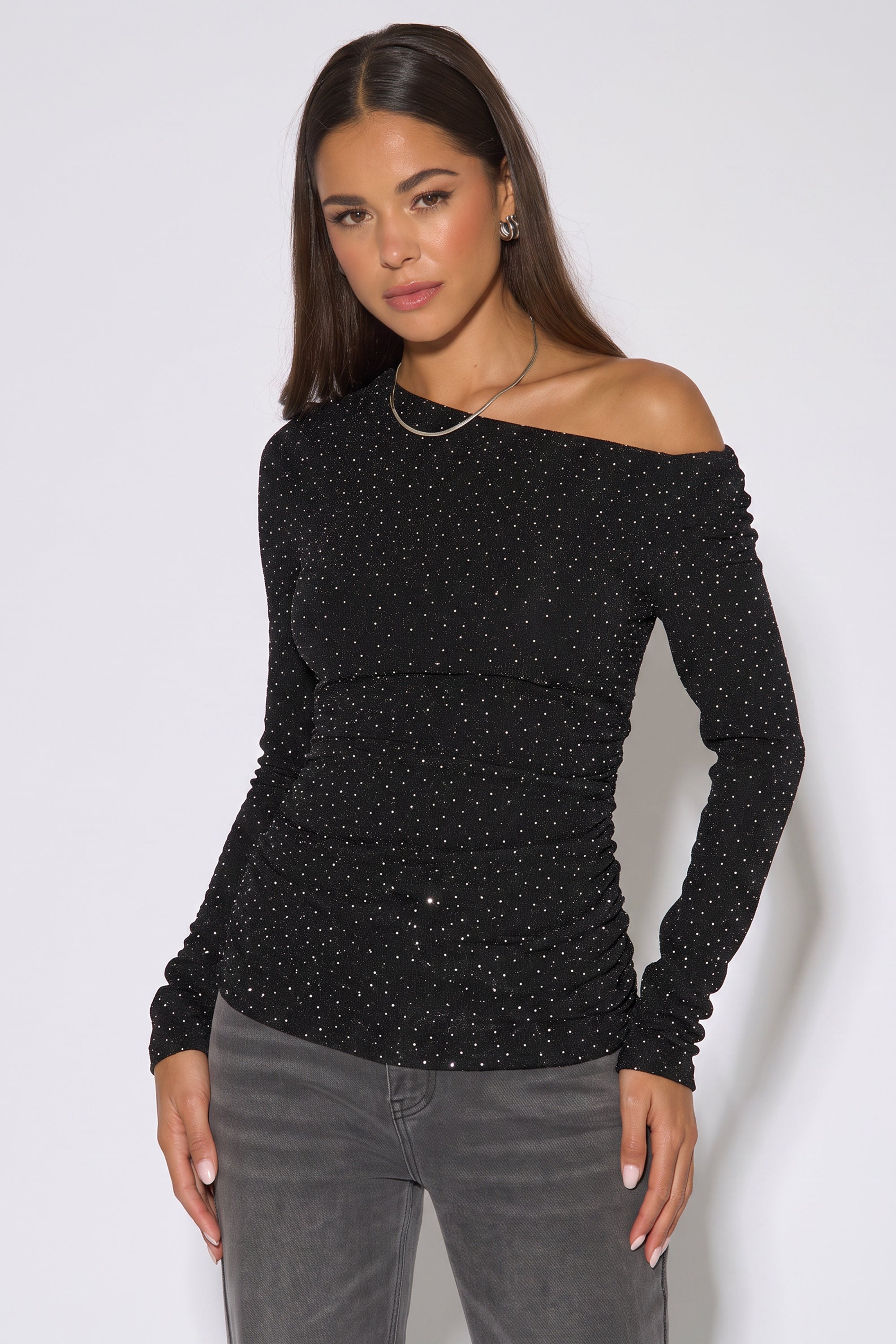 Gini London Black Diamante Slash Neck Top
