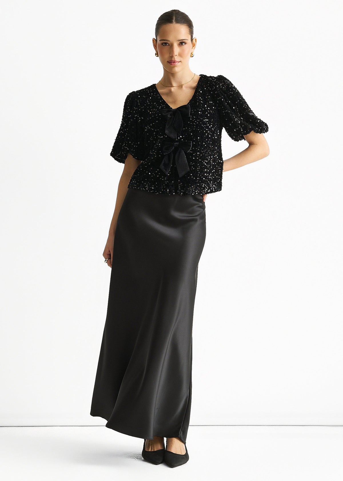 Gini London Black Velvet Sequin Bow Front Bubble Sleeve Top