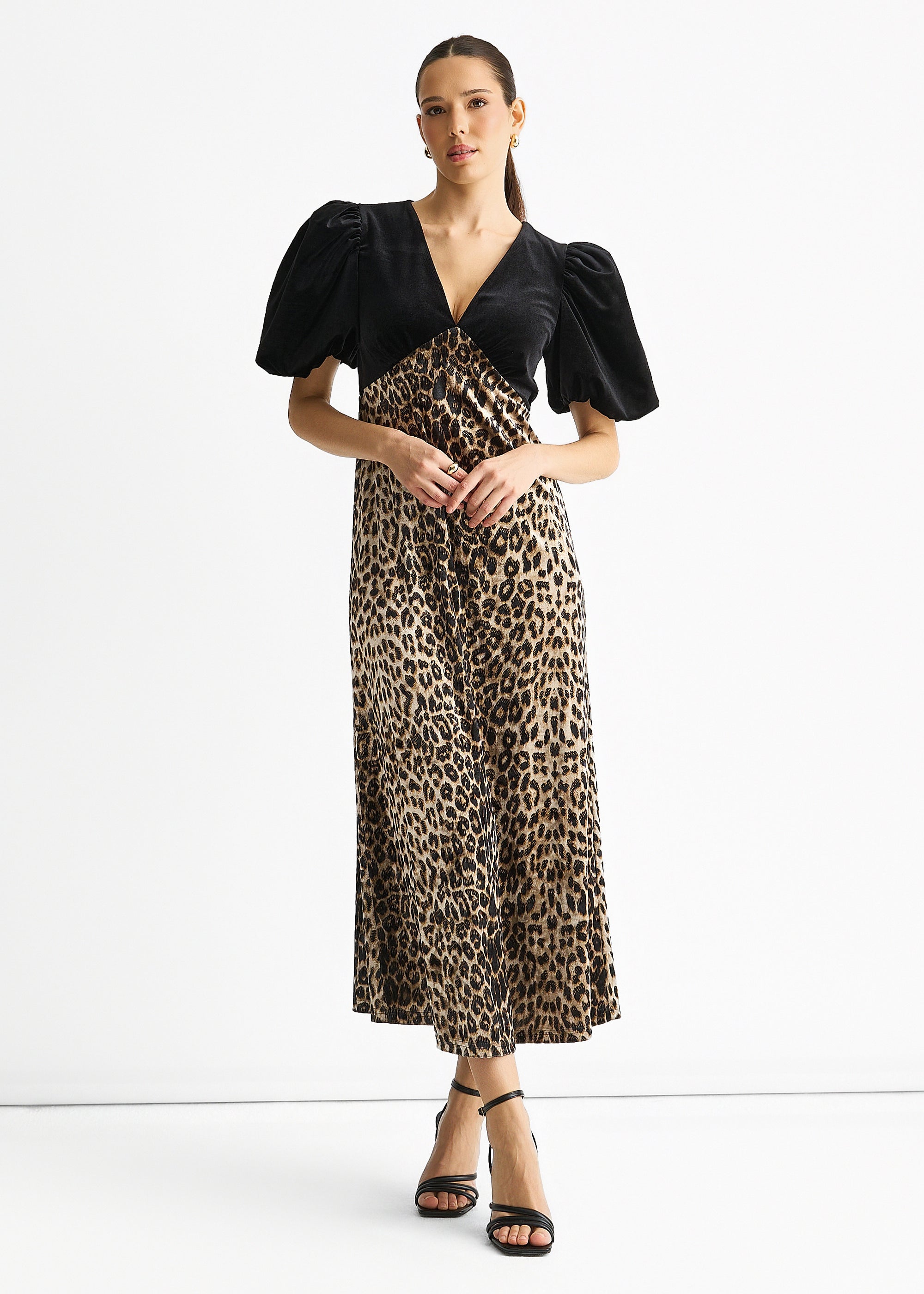 Gini London Black Animal Velvet Contrast Top Occasion Midi Dress