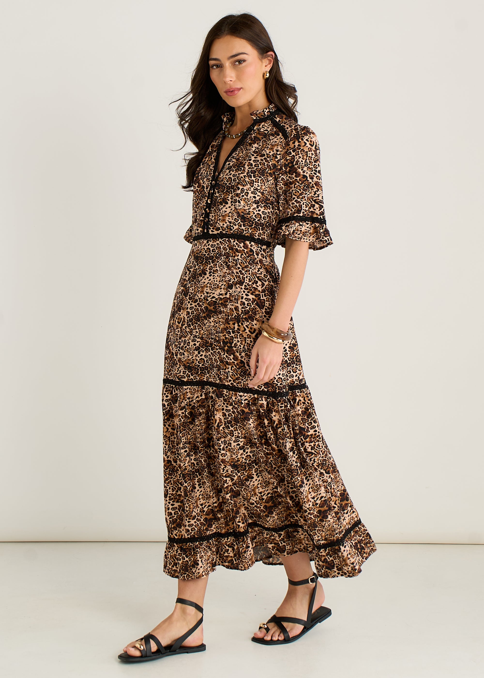 Brown Animal Print Lace Trim Tiered Midi Dress