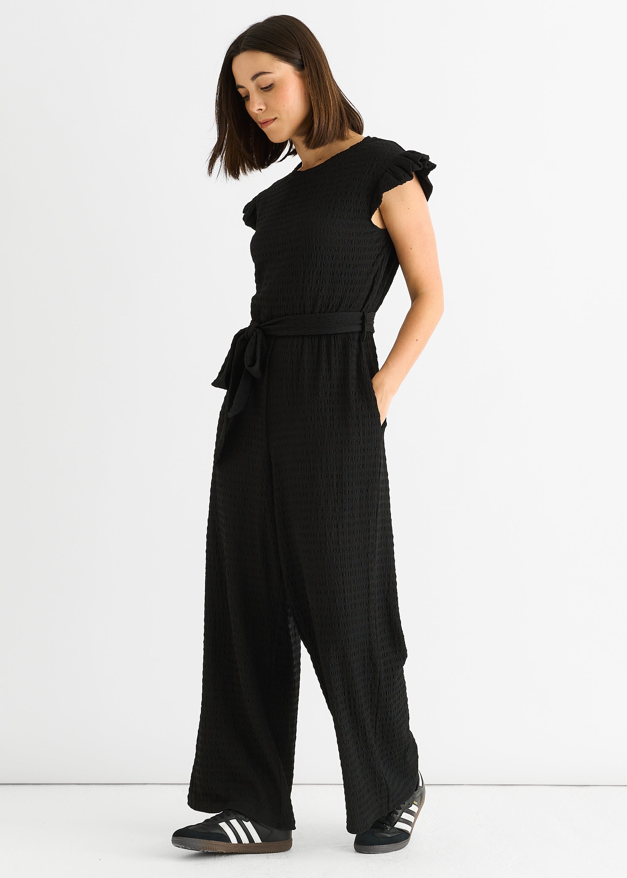 Gini London Black Stretch Texture Frill Elasticated Waist Jumpsuit