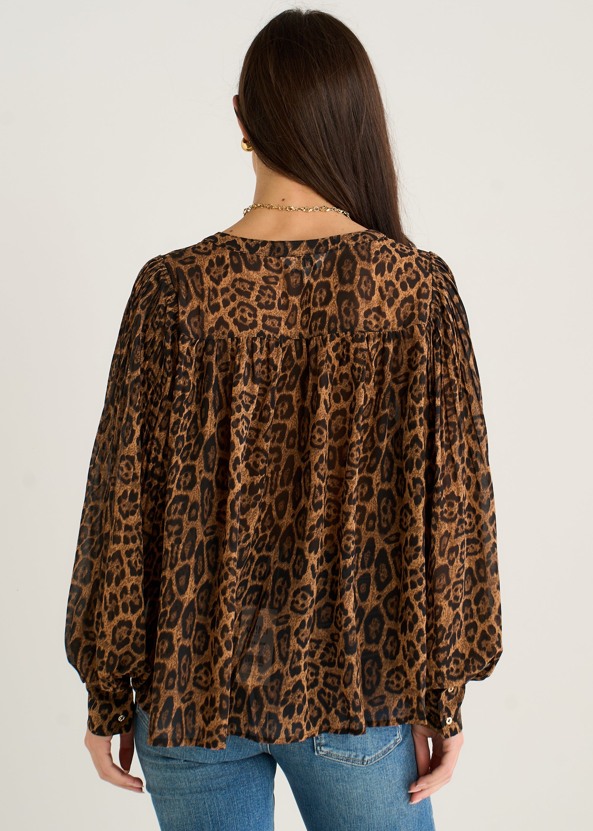 Gini London Brown Chiffon Animal Print Pleated Shift Shirt Blouse
