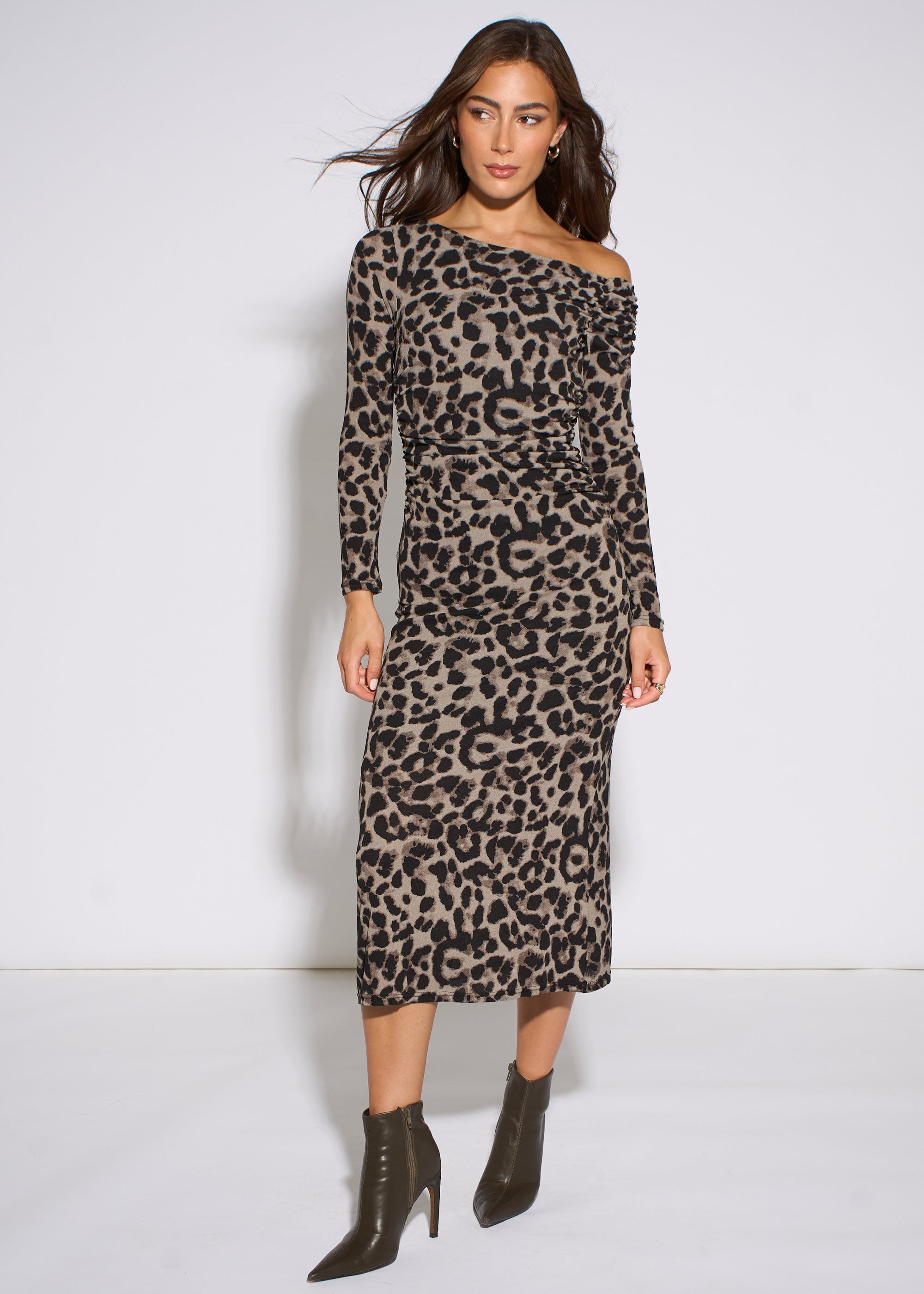 Gini London Grey Animal Jersey Animal One Shoulder Midi Dress