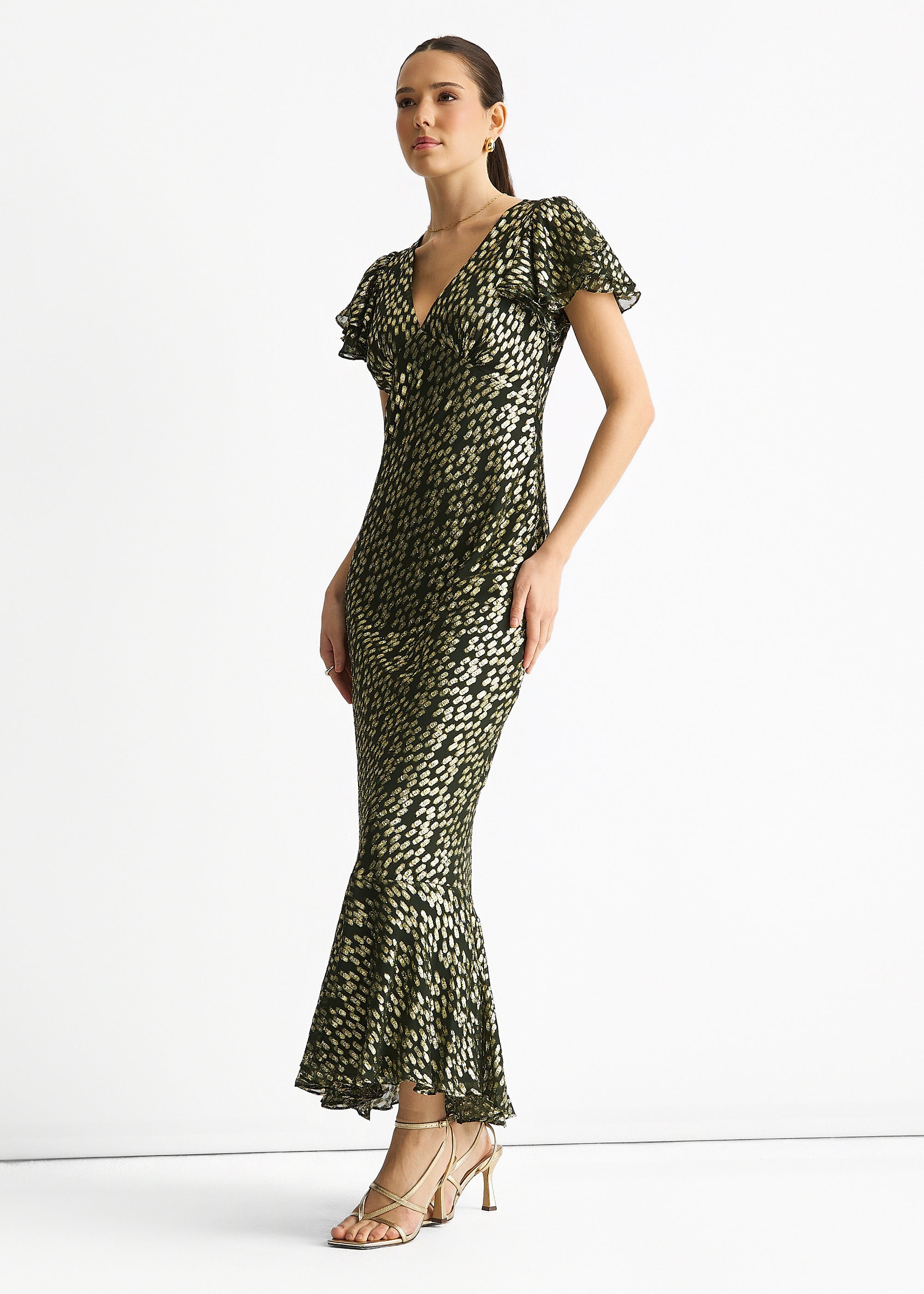 Gini London Dark Green Viscose Clipped Gold Jacquard Bias Cut Maxi Dress