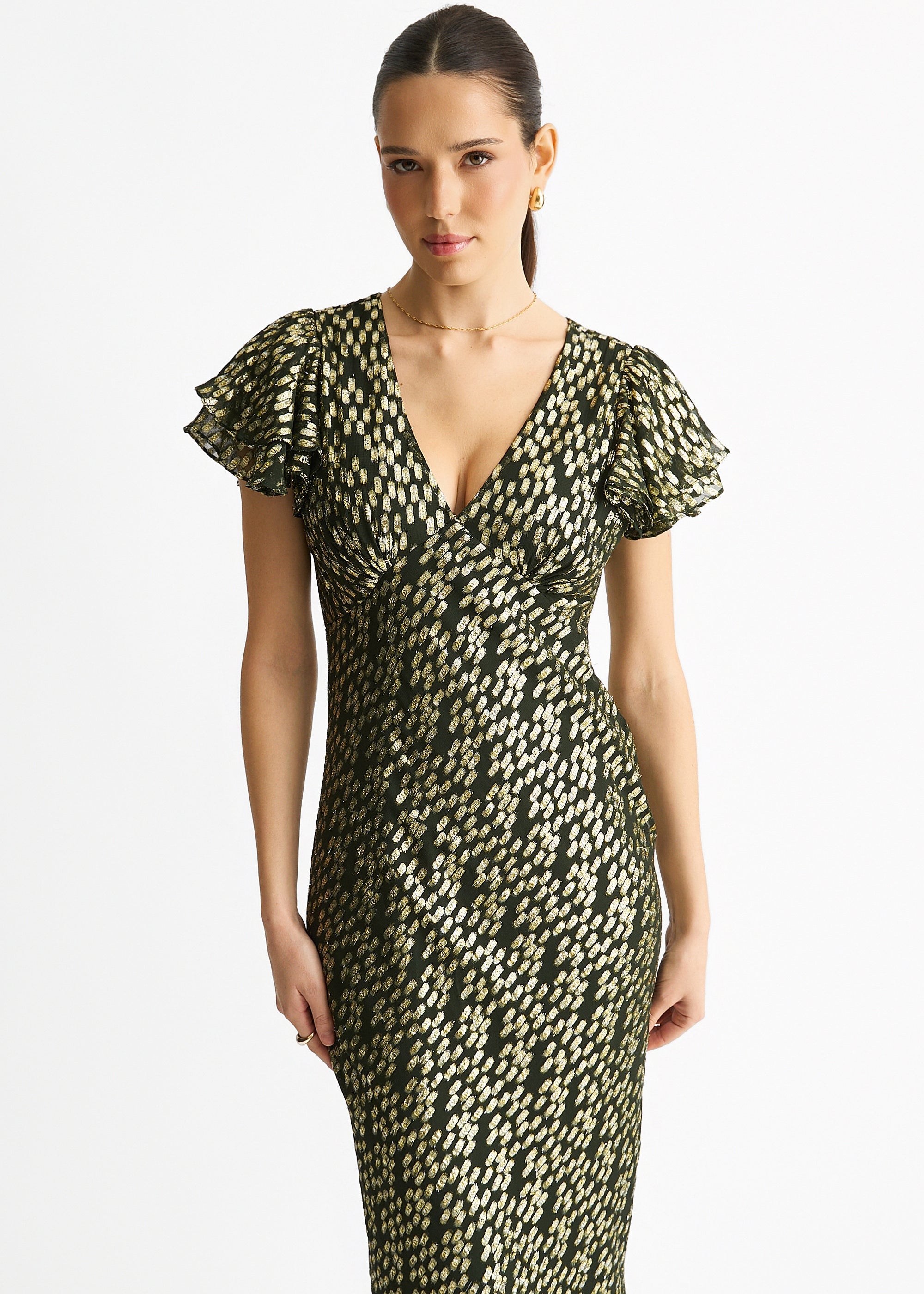 Gini London Dark Green Viscose Clipped Gold Jacquard Bias Cut Maxi Dress