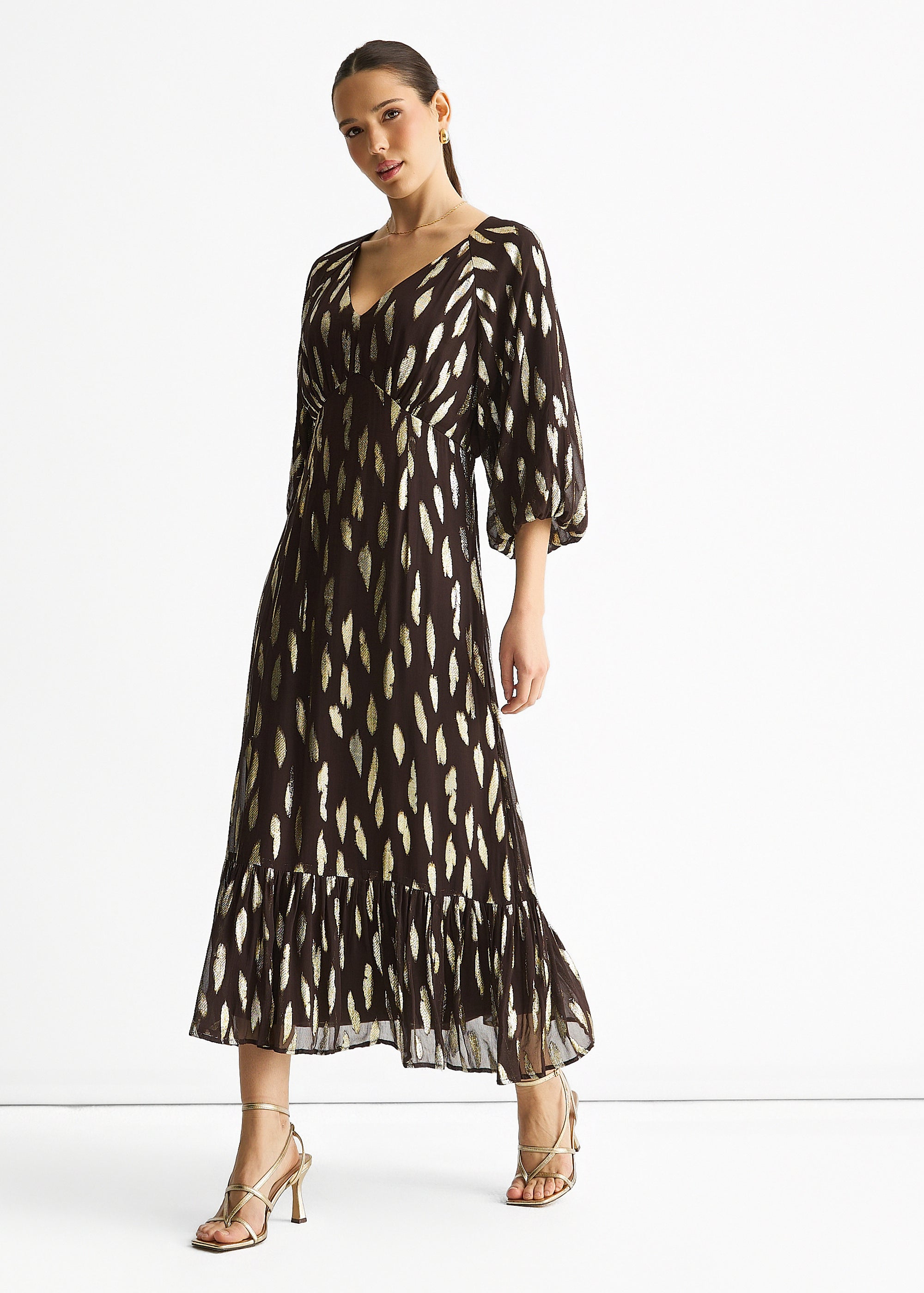 Gini London Chocolate Viscose Clipped Balloon Sleeve Maxi Dress