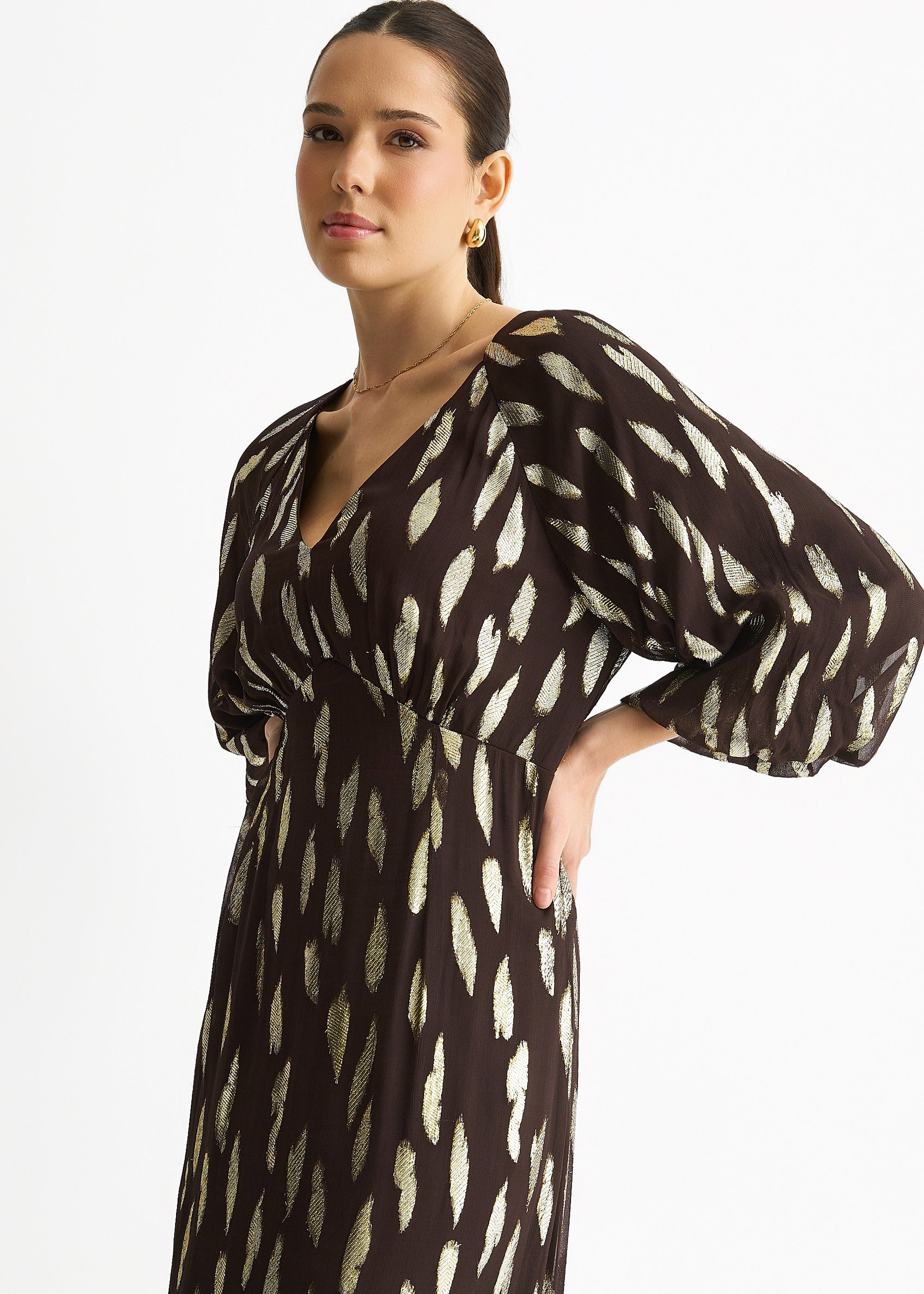 Gini London Chocolate Viscose Clipped Balloon Sleeve Maxi Dress