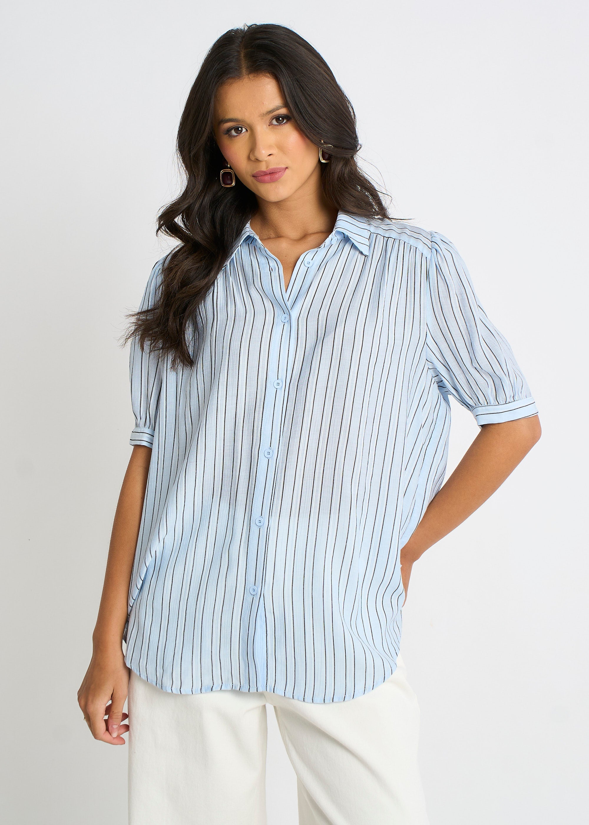 Gini London Blue Pinstripe Soft Touch Puff Sleeves Shirt