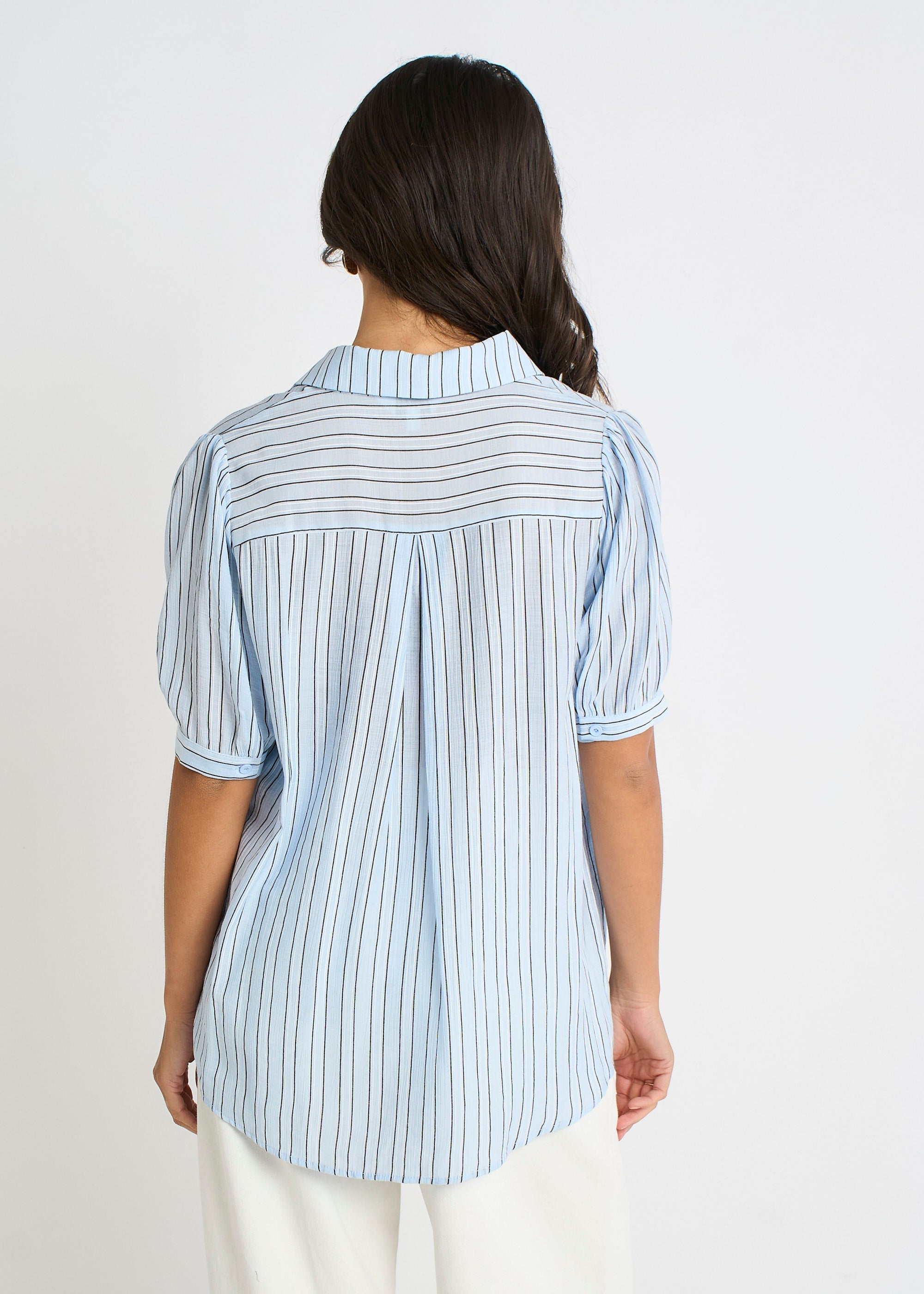 Gini London Blue Pinstripe Soft Touch Puff Sleeves Shirt