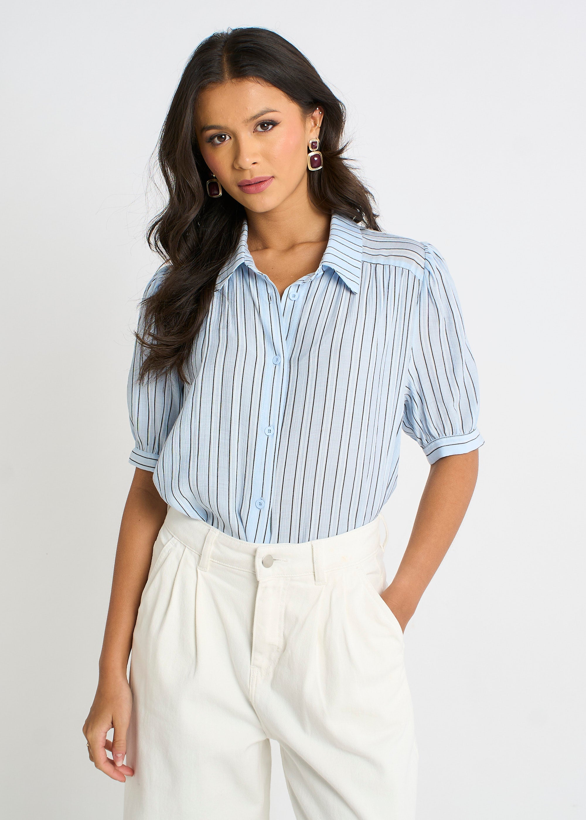 Gini London Blue Pinstripe Soft Touch Puff Sleeves Shirt