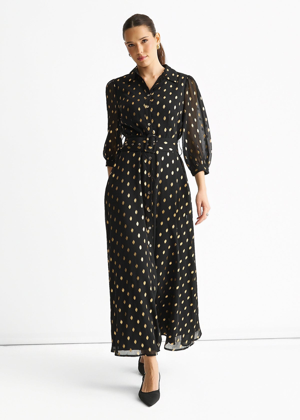 Gini London Black Chiffon Foil Belted Maxi Shirt Dress