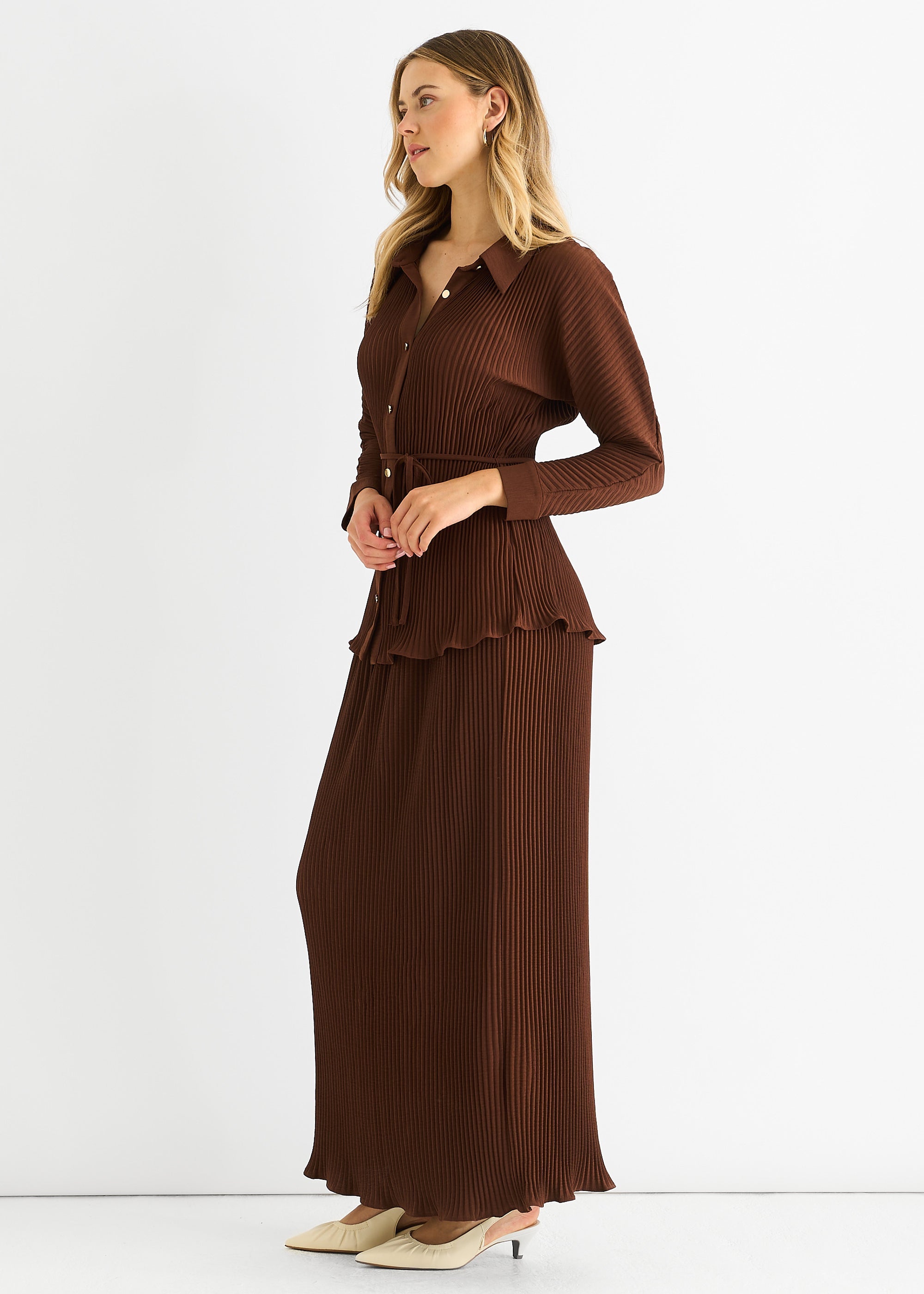 Gini London Chocolate Plisse Button Through Shirt